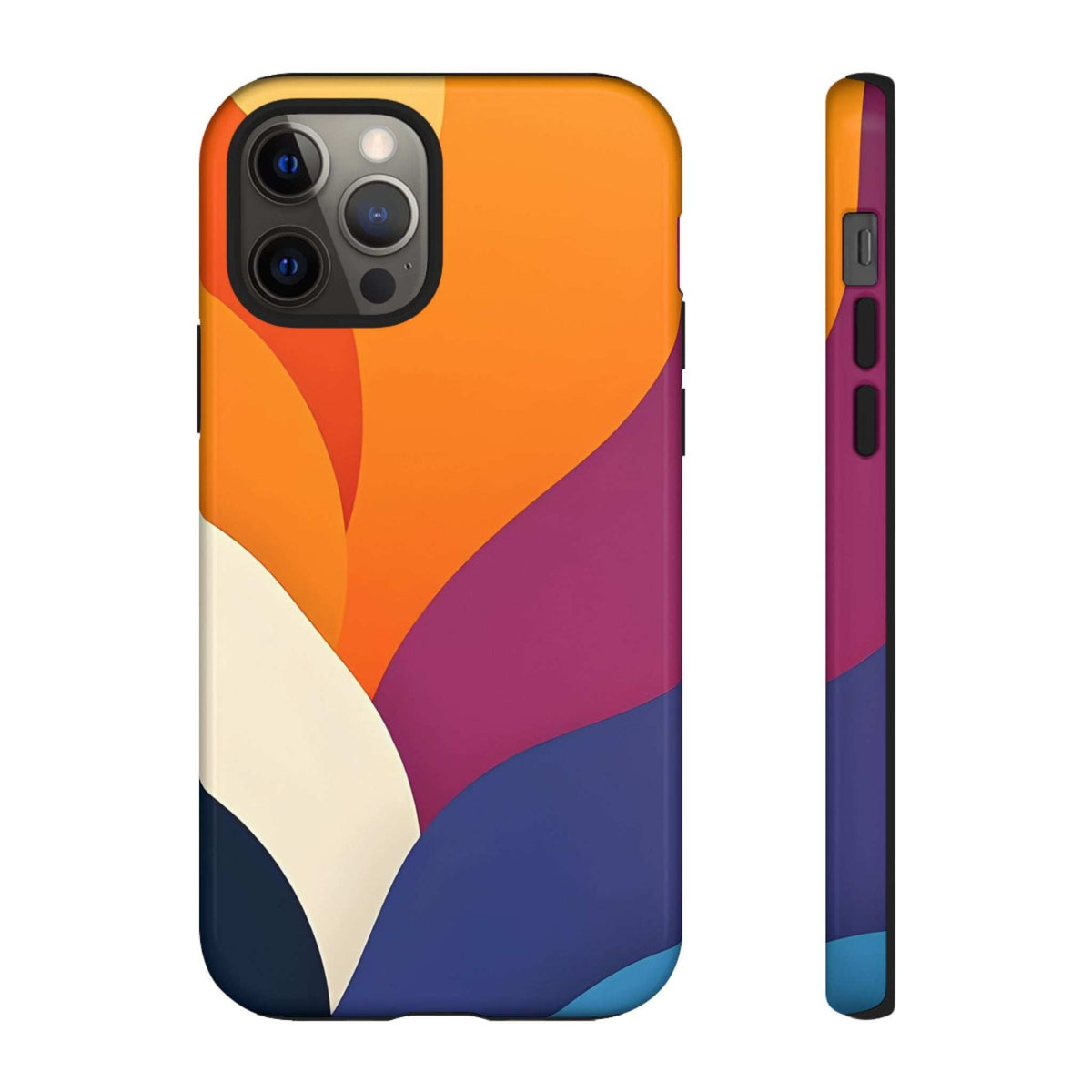 Abstract design phone case in orange, magenta, and navy with large wave motif.
