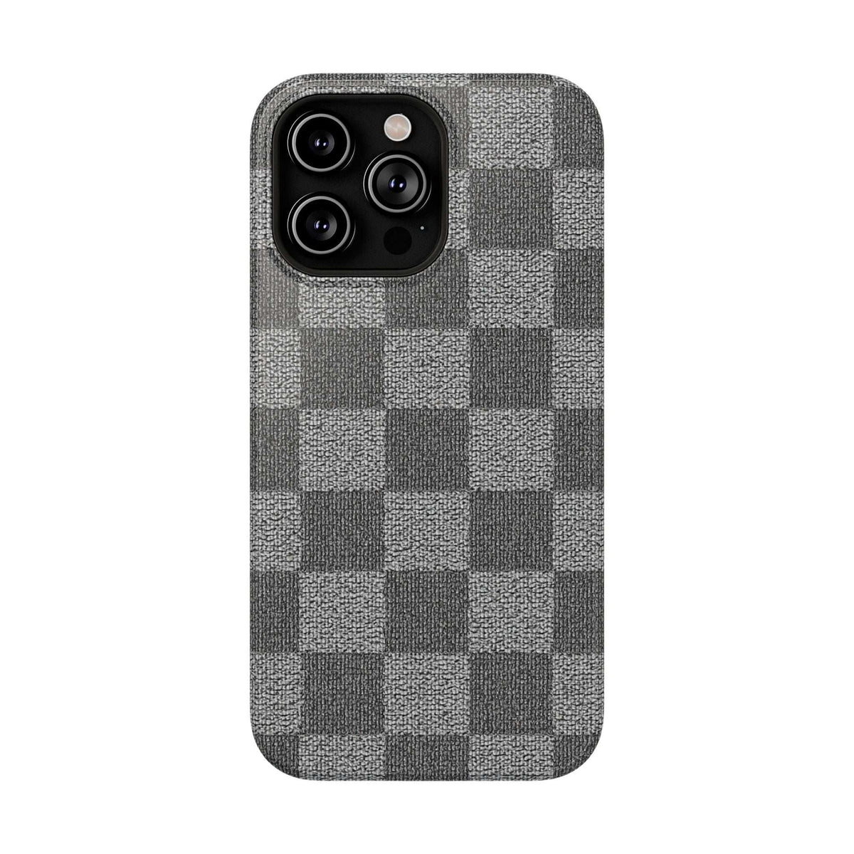 Gray checkered phone case with camera cutouts, textured fabric finish, rounded edges