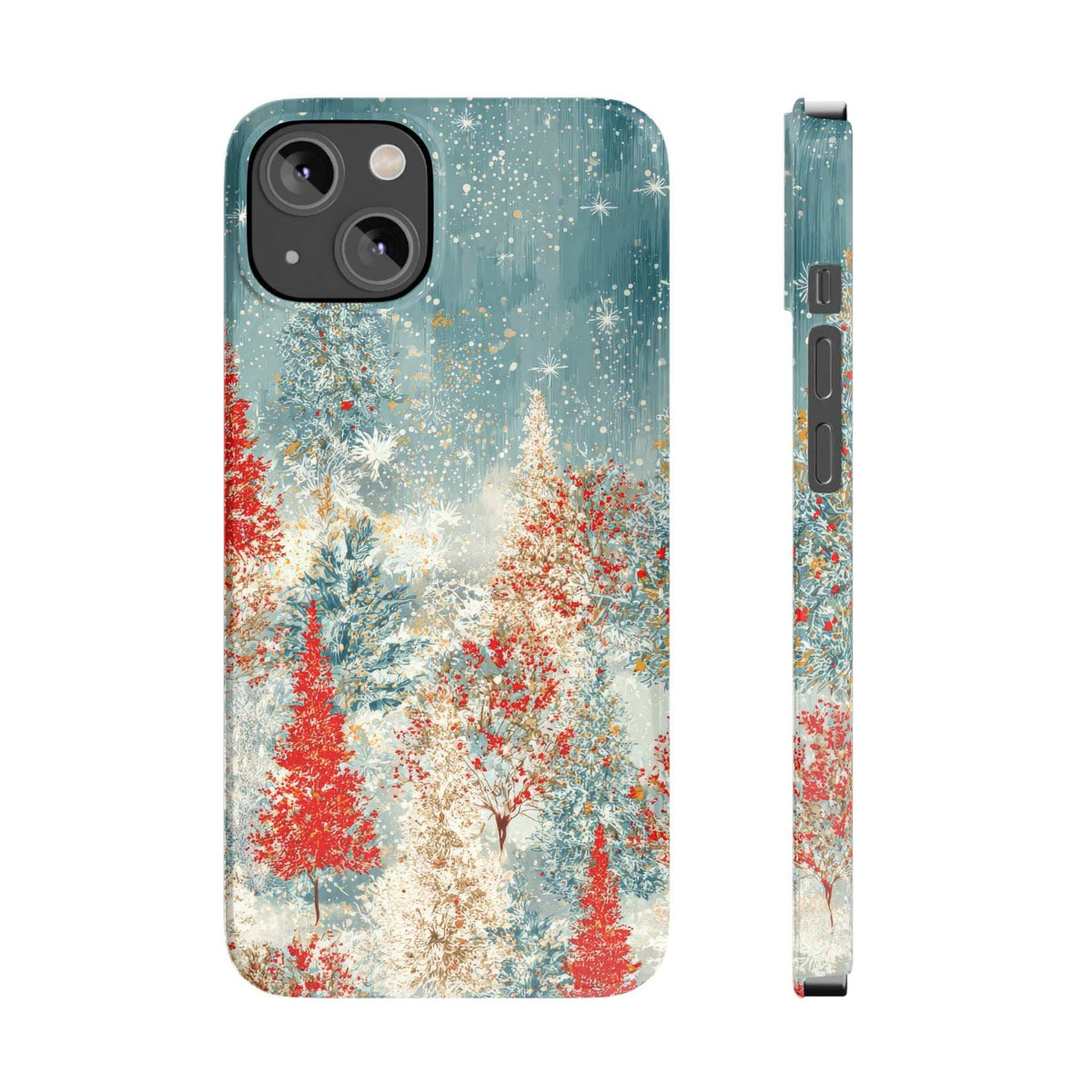 Snowy forest phone case with teal and white snow scene, red trees; side edge shows buttons