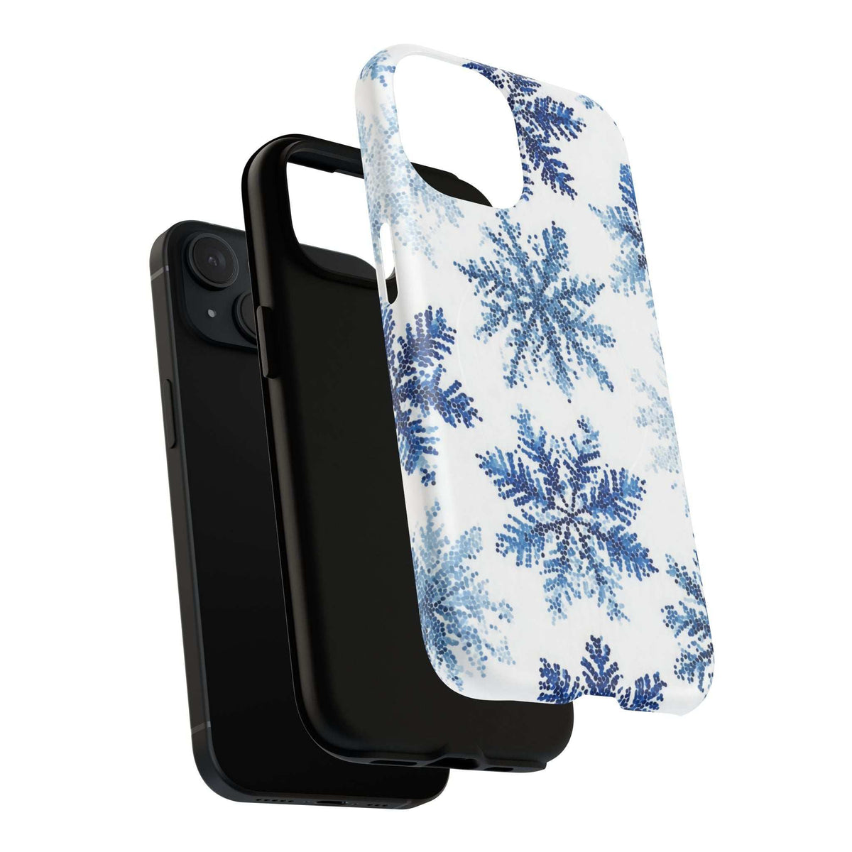 Snowflake phone case for iPhone, front and back view, white with blue snowflakes