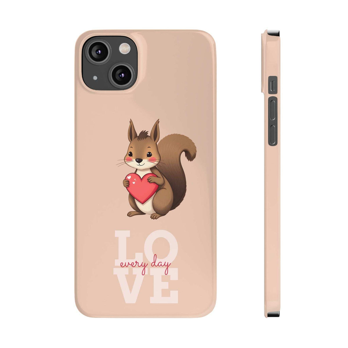 Light pink phone case front with squirrel illustration holding a red heart and LOVE design