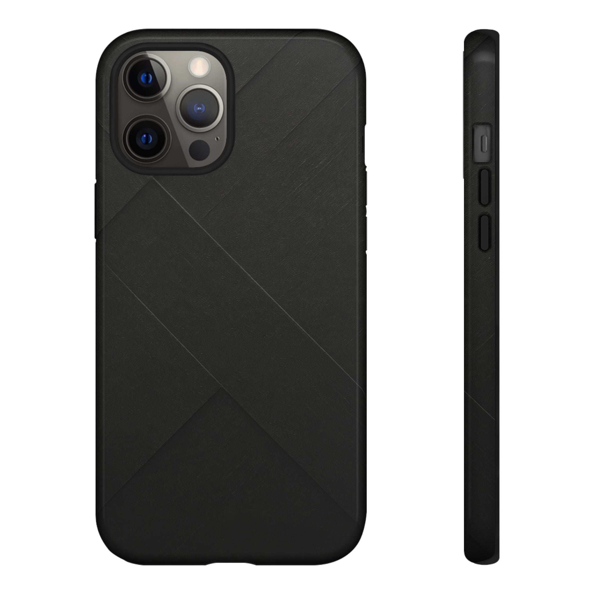 Matte black phone case with diagonal line pattern and raised camera guard