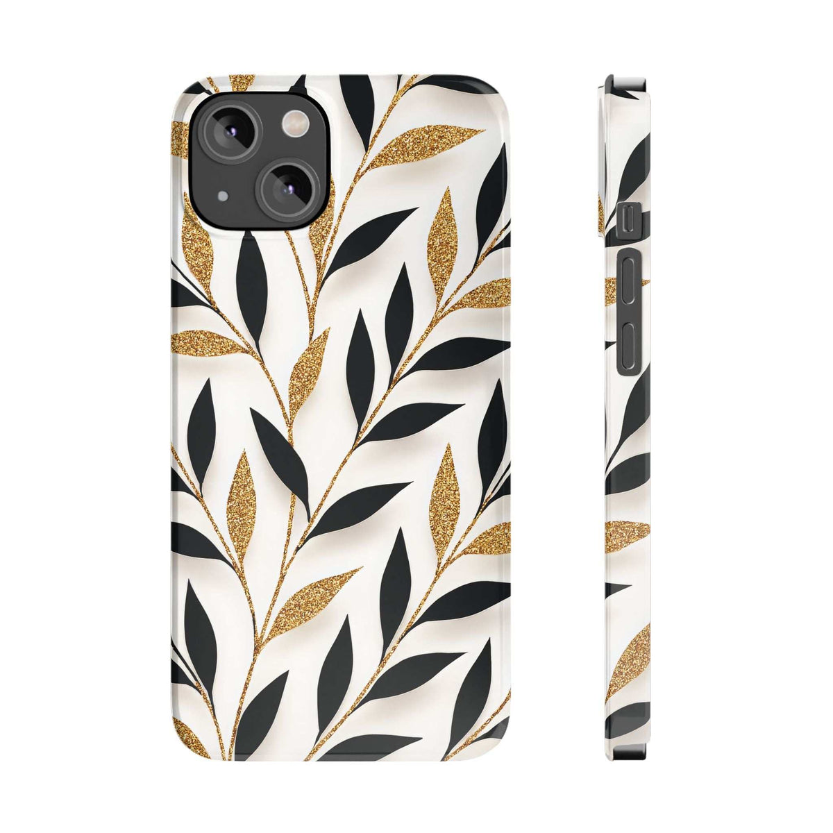 White leaf phone case with black and gold glitter botanicals; slim side edge with button cutouts.