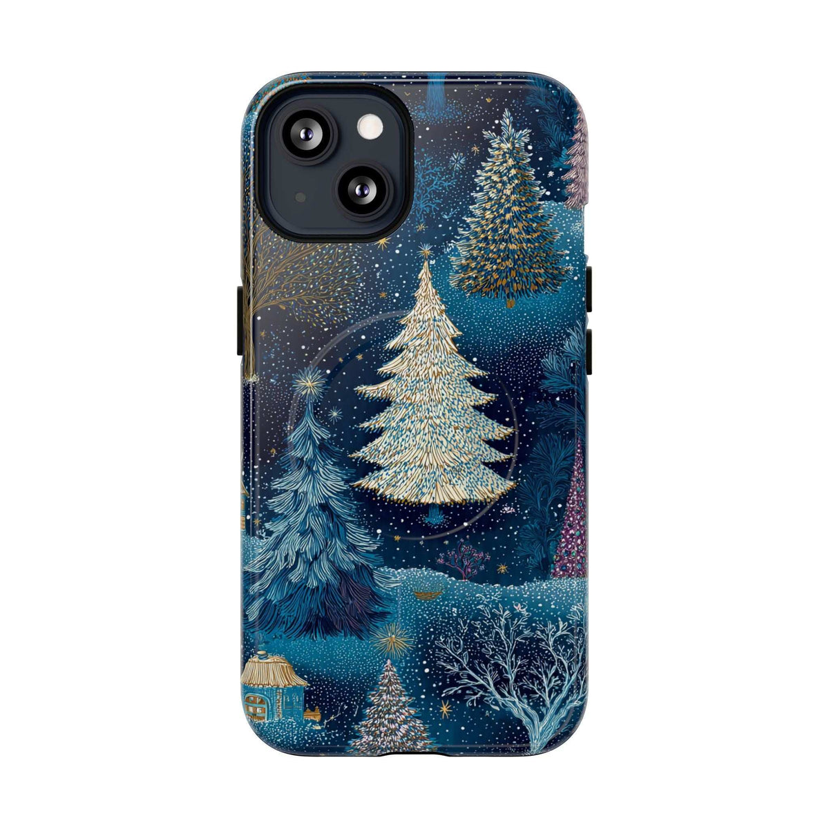 Glossy blue winter pine tree phone case with starry speckle; camera openings on top.