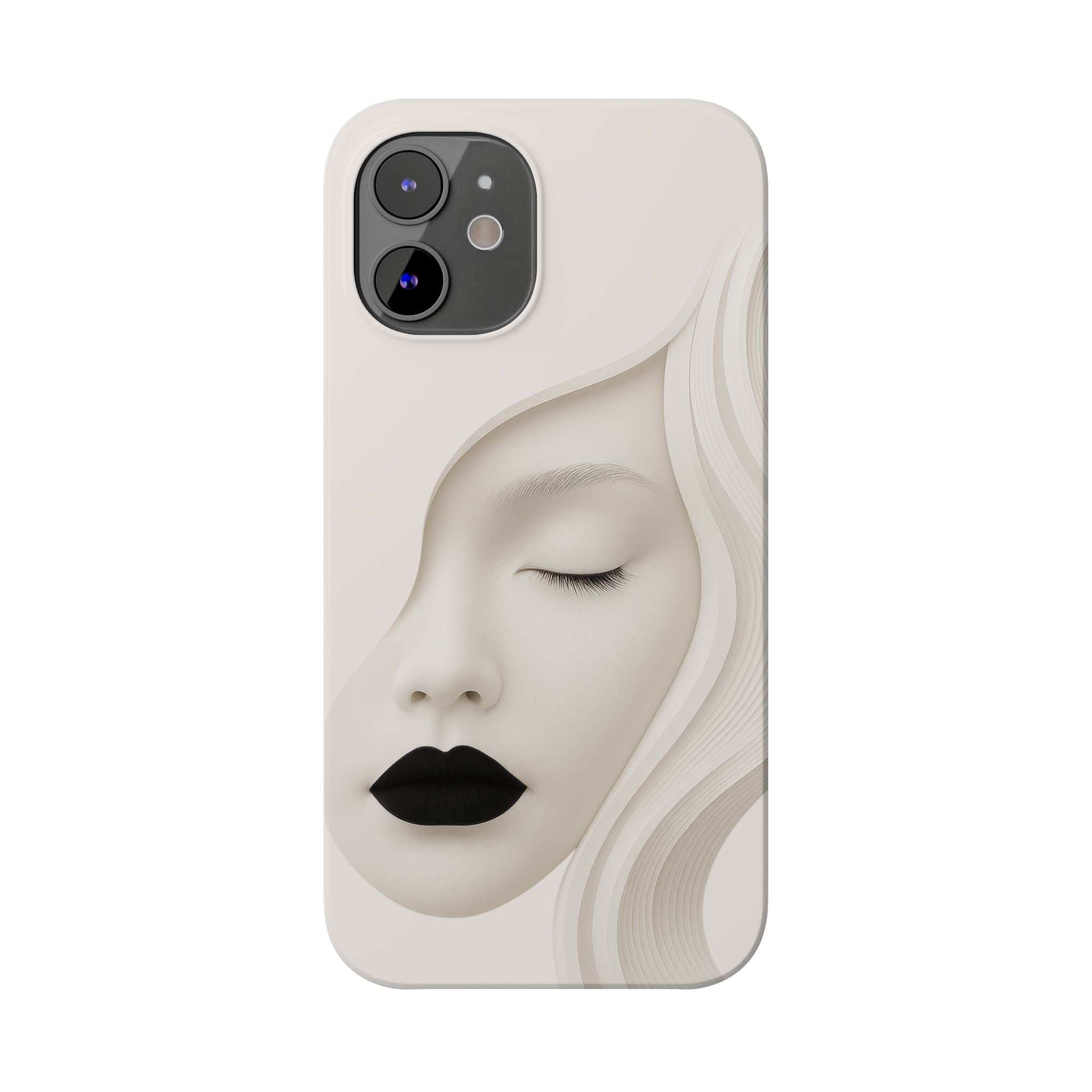 Light beige phone case featuring a minimalist closed-eye face design with camera cutouts.