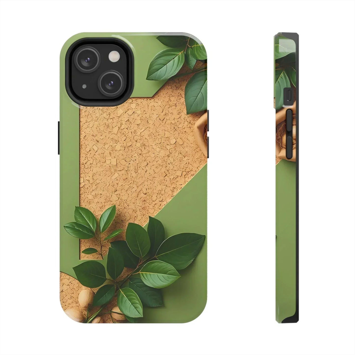 Eco-Inspired Tough Phone Case – Cork Texture with Leaf & Seed Design for iPhone 7-16 and Samsung Galaxy S21-S24 - KarArmDesign