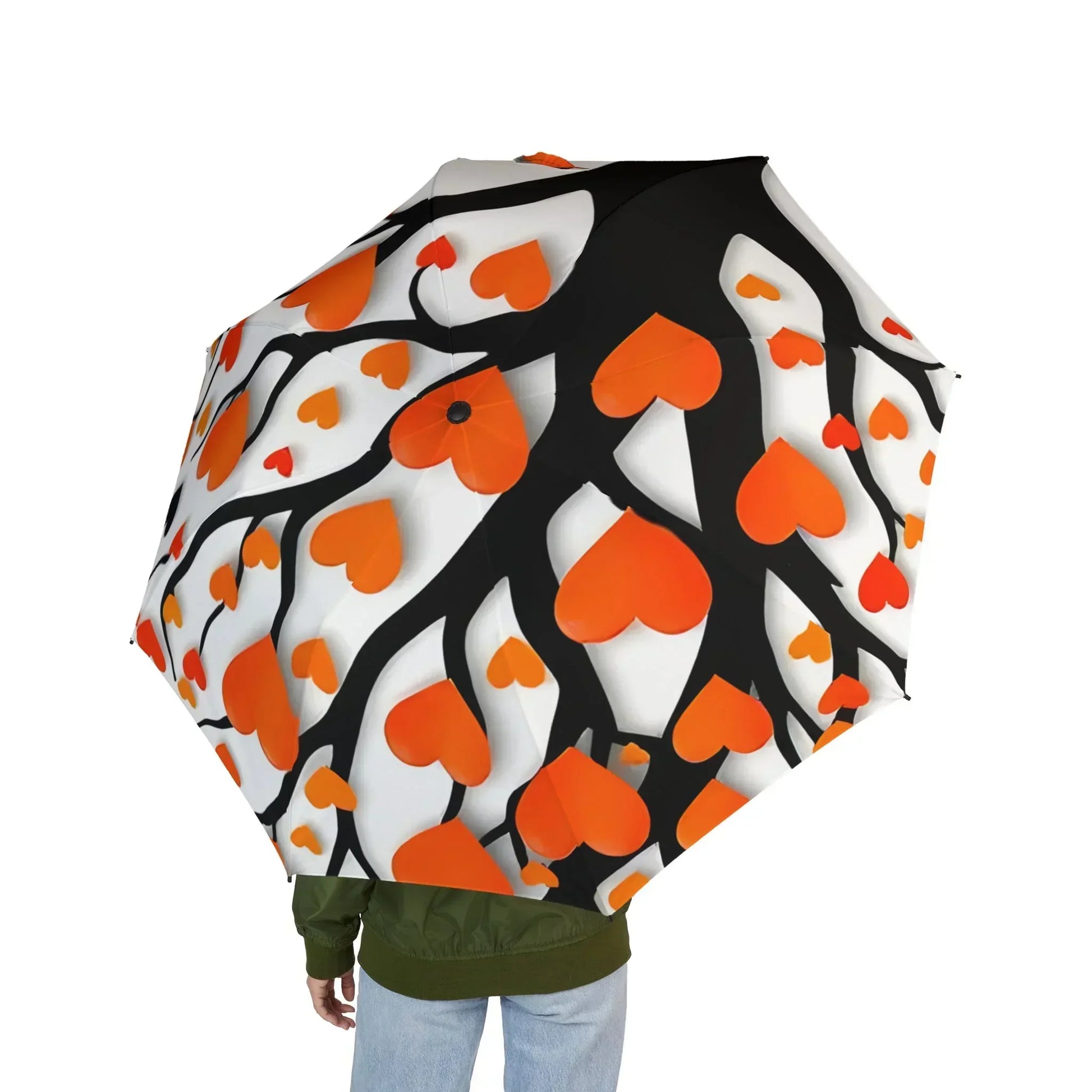 Romantic Heart Tree Foldable Umbrella with Orange & Red Accents on White Canopy - KarArmDesign