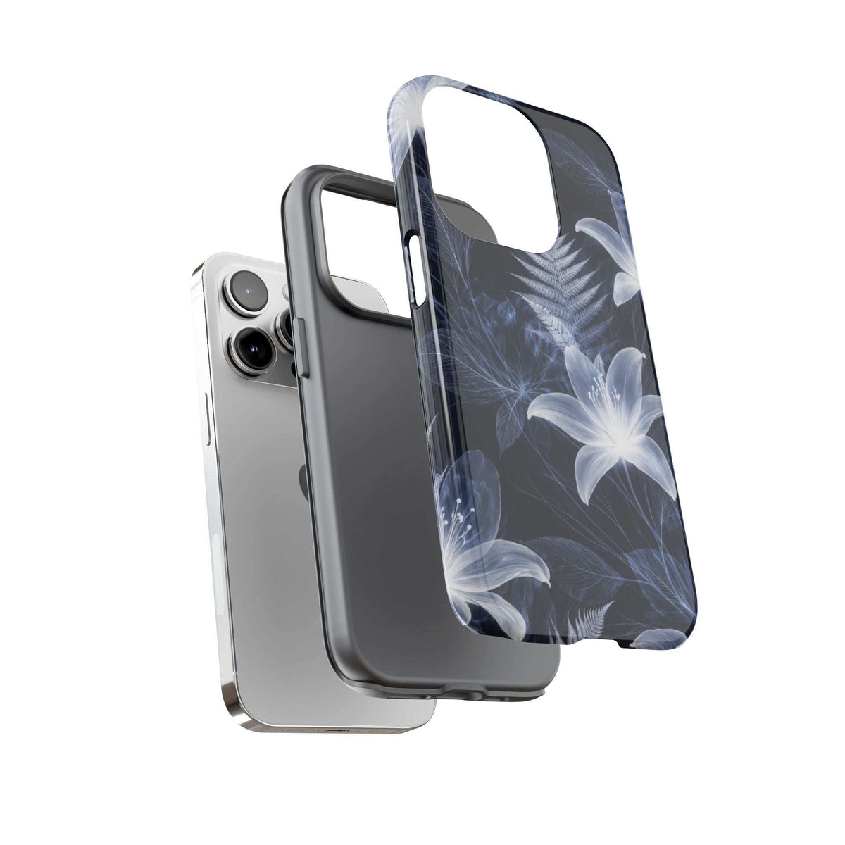 Transparent phone case featuring blue flower and fern pattern, open camera and speaker areas