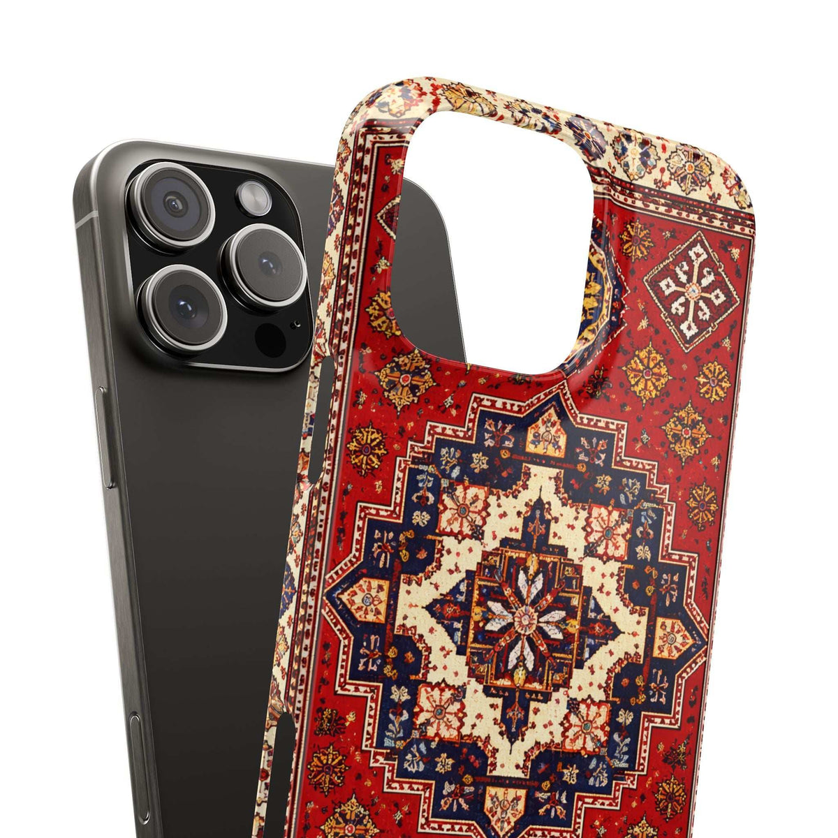Armenian carpet pattern phone case close-up, red geometric medallion with blue details