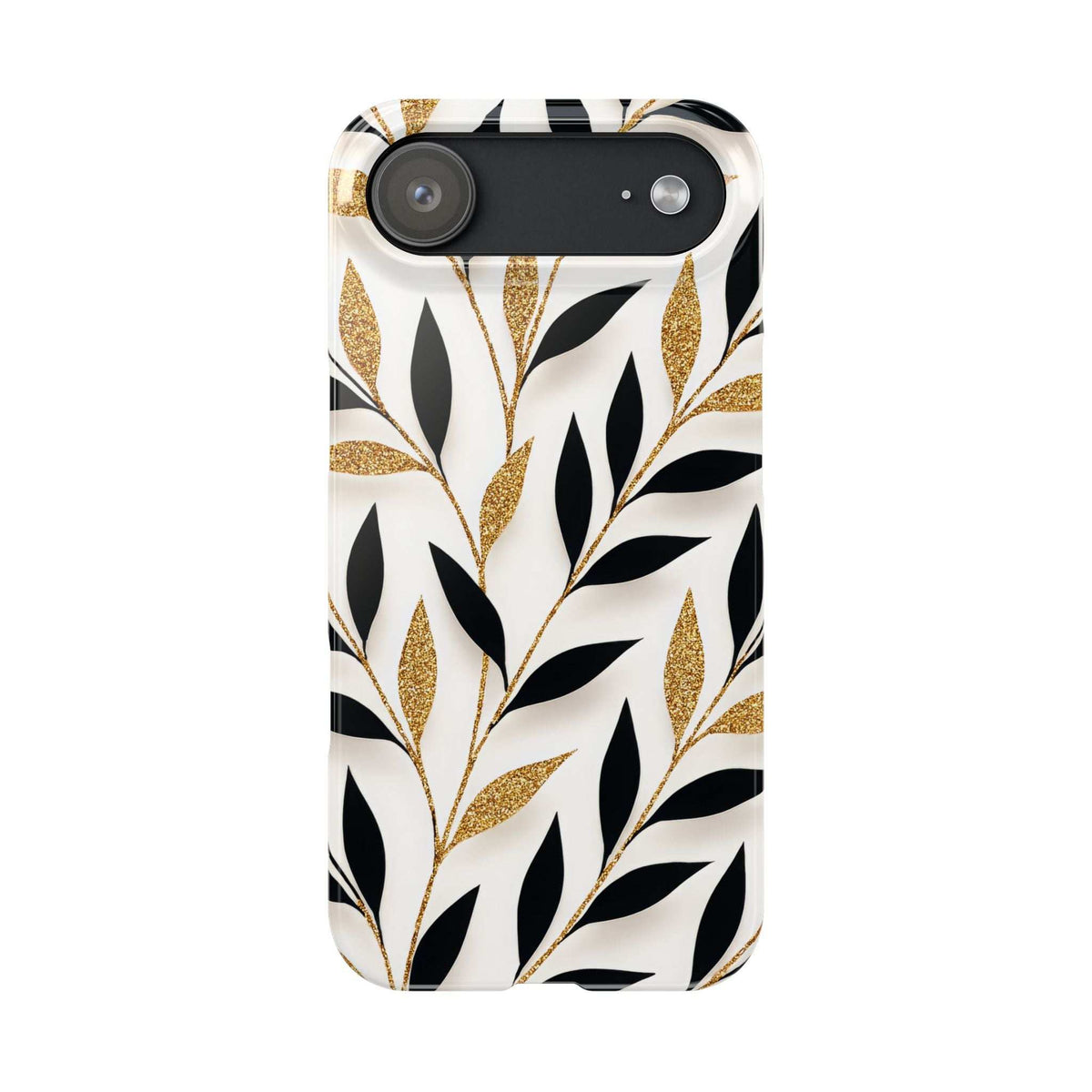 Phone case front top edge with gold leaf details, black leaves, and lens cutouts