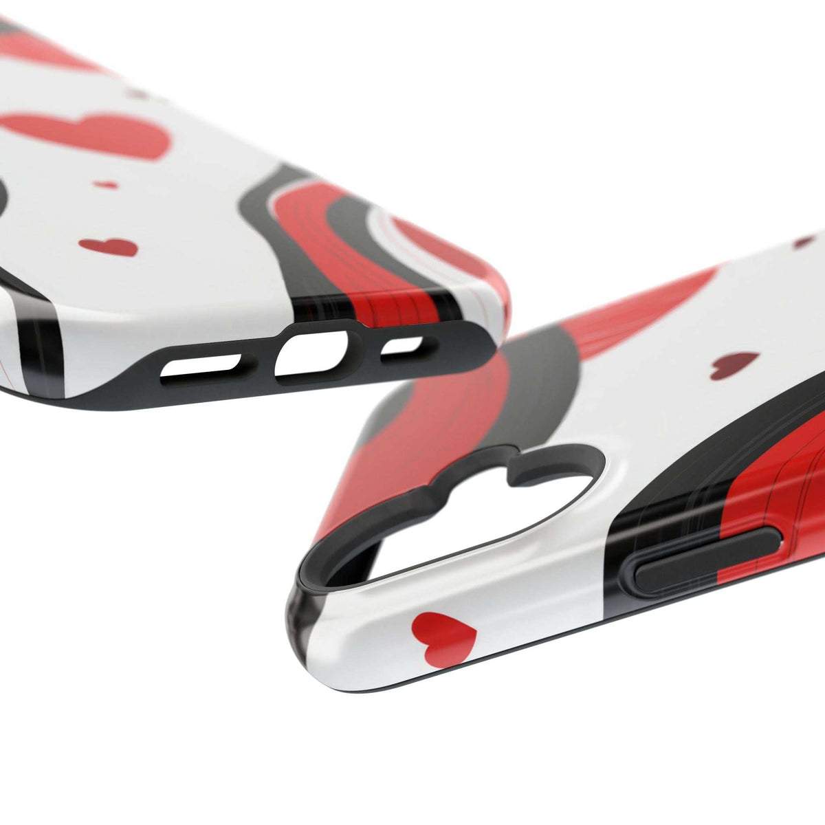 Glossy phone case, side vent openings and button area; red hearts on white with black accents