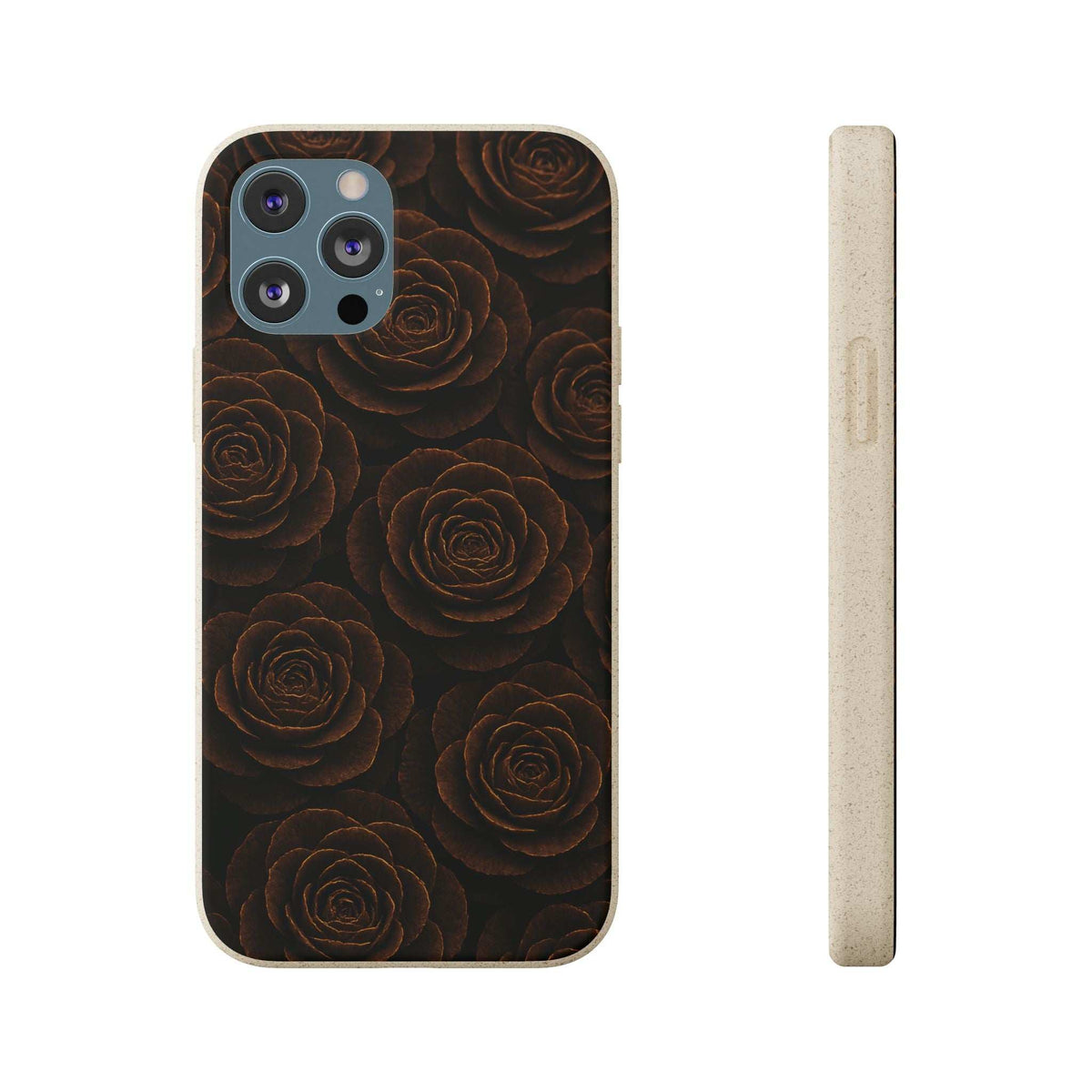 Wooden rose-pattern phone case for iPhone/Samsung, dark floral design with camera cutouts