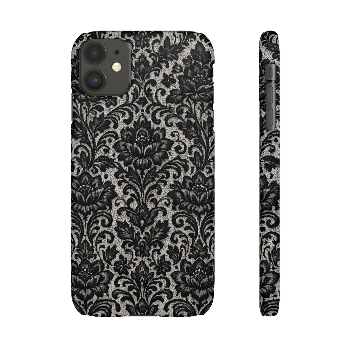 Damask floral phone case with camera lens openings and slim side profile, black and gray