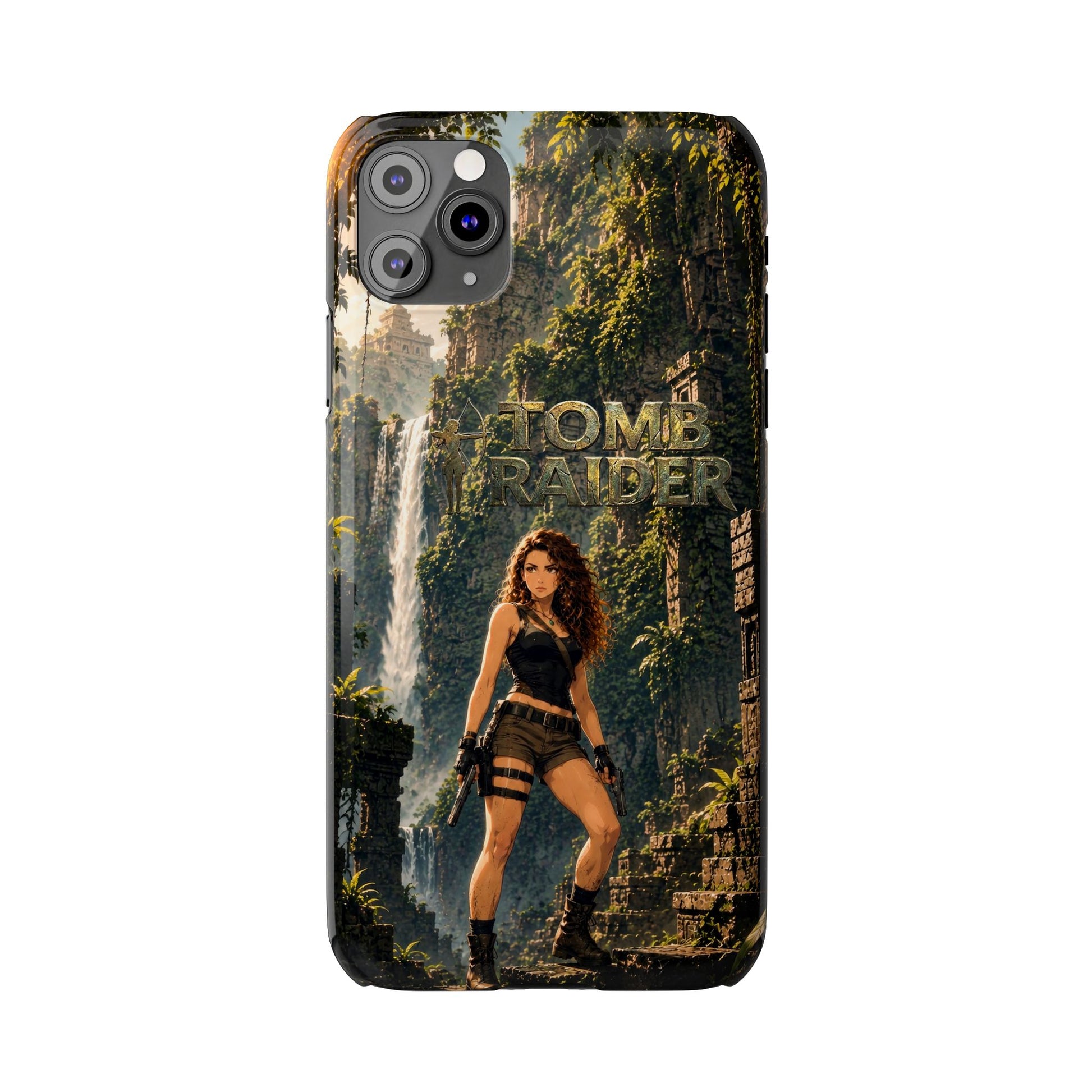 Front phone case showing Tomb Raider logo text over jungle scene with camera cutouts