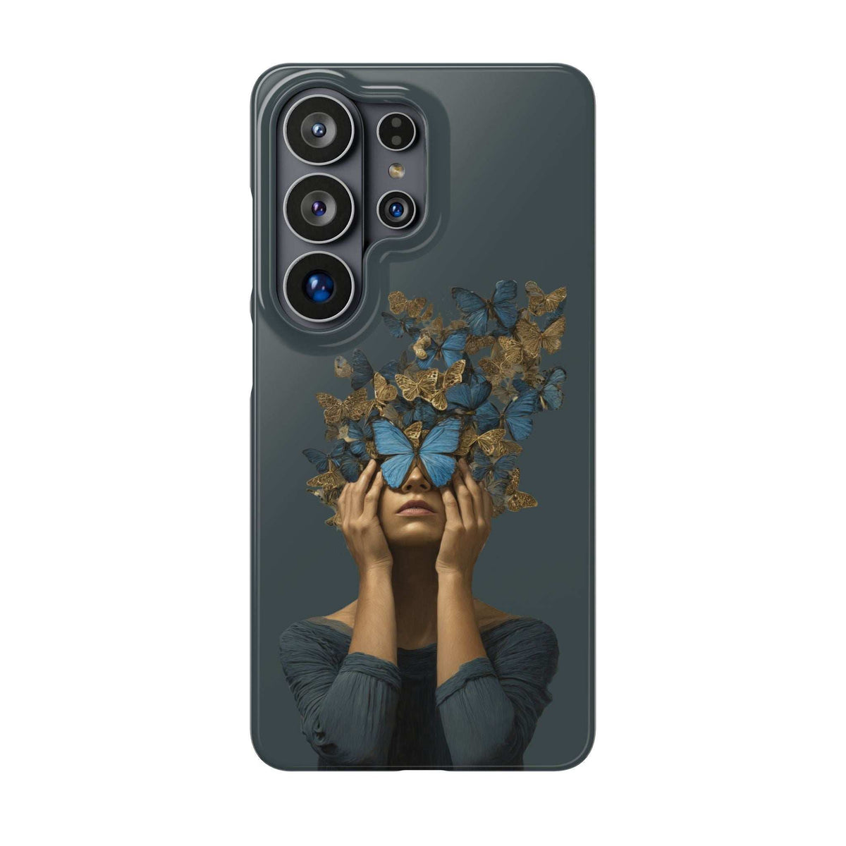 Dark gray phone case with butterfly-and-gold portrait art and visible camera lens cutouts