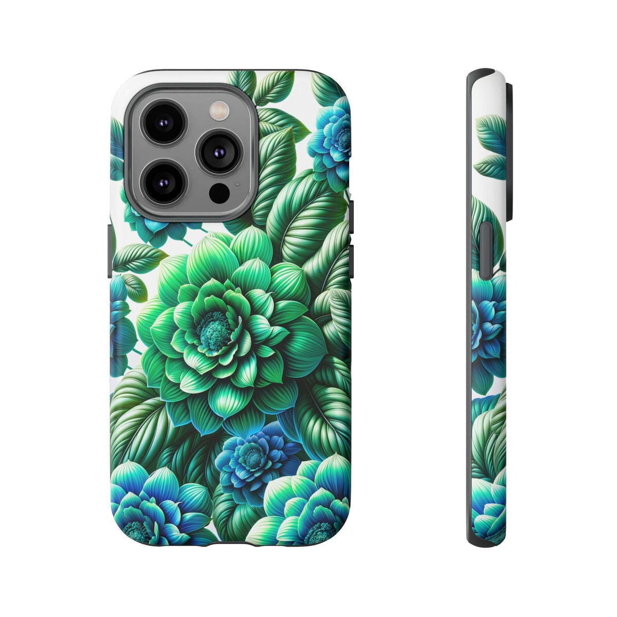 Phone case back with detailed green leaves and blue flowers; side edge visible.