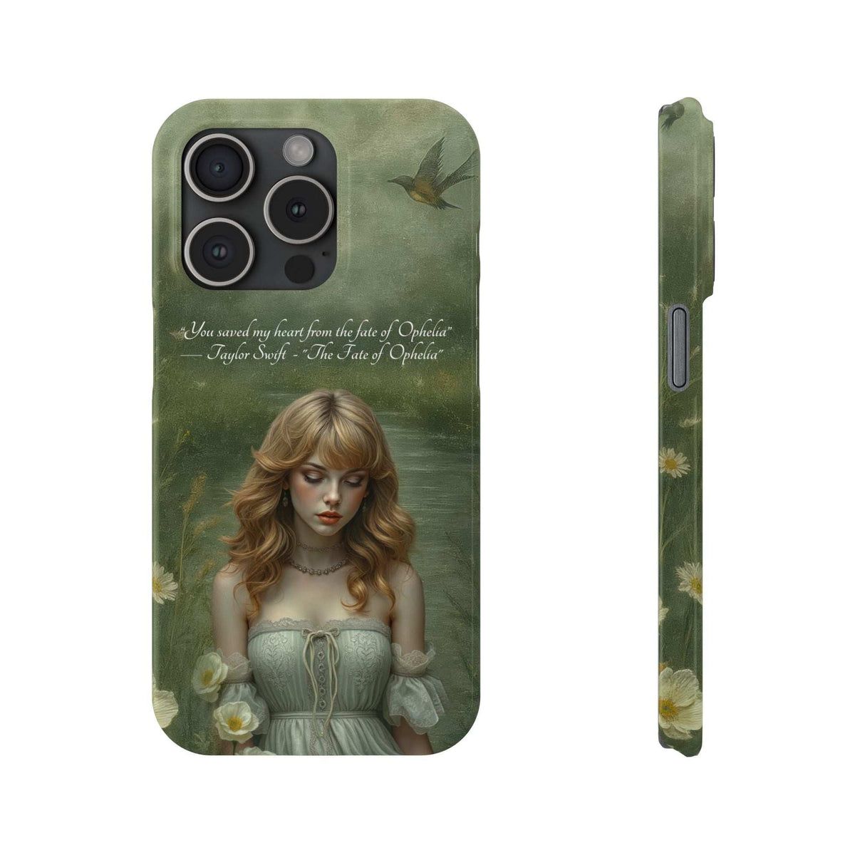 Green phone case with blonde woman and bird motif; back view shows four camera openings