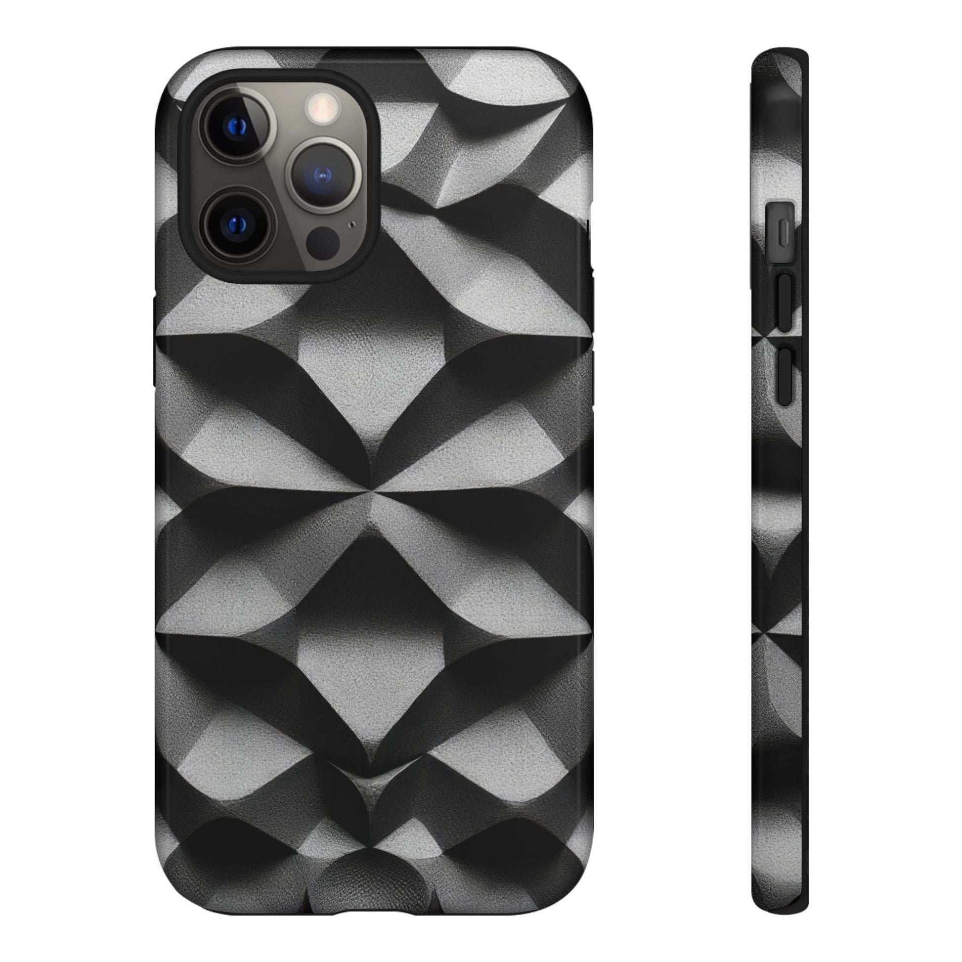 Black phone case with geometric diamond pattern, camera cutouts and thick side protection