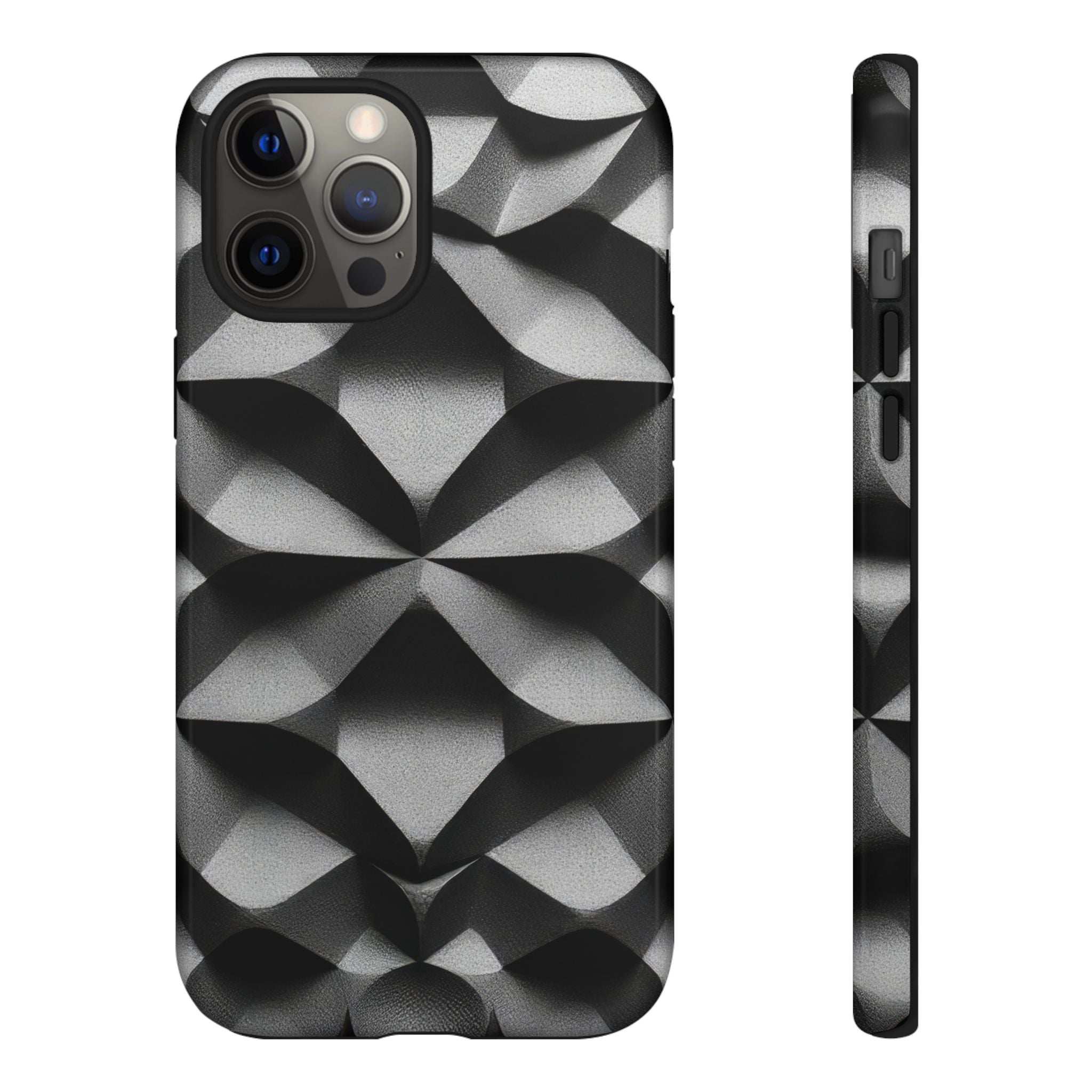 Black phone case with geometric diamond pattern, camera cutouts and thick side protection