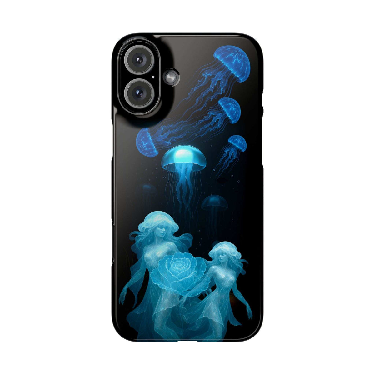 Black case with blue jellyfish cluster and faint rose artwork near the bottom
