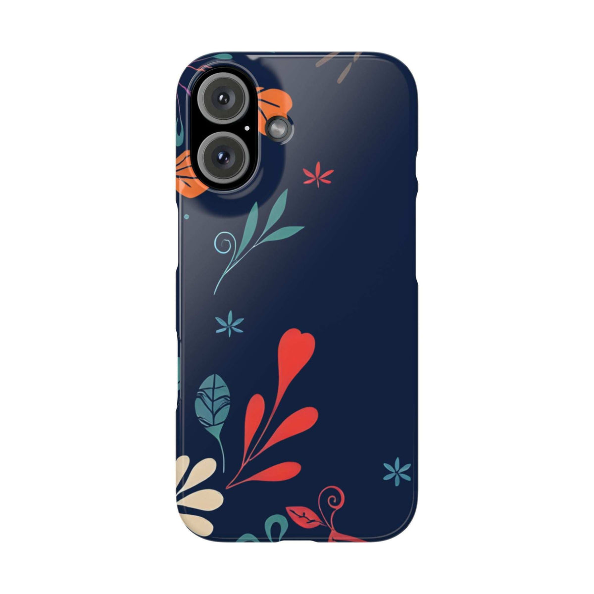 Dark navy phone case with colorful floral pattern; front view highlighting camera area
