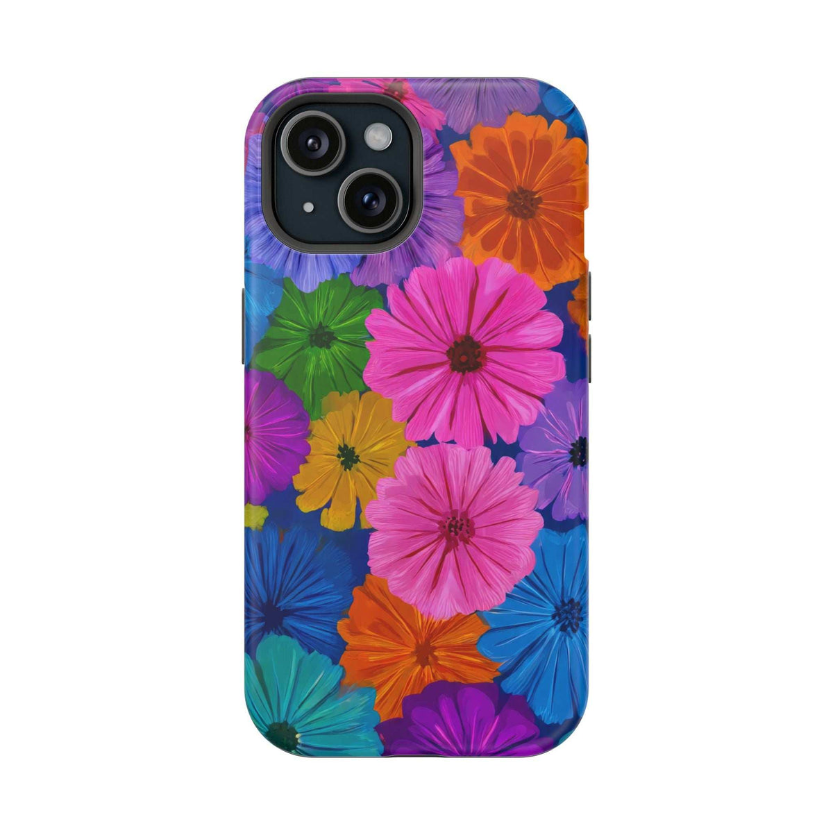 Multicolor floral phone case with purple-pink orange blue blooms and camera cutouts