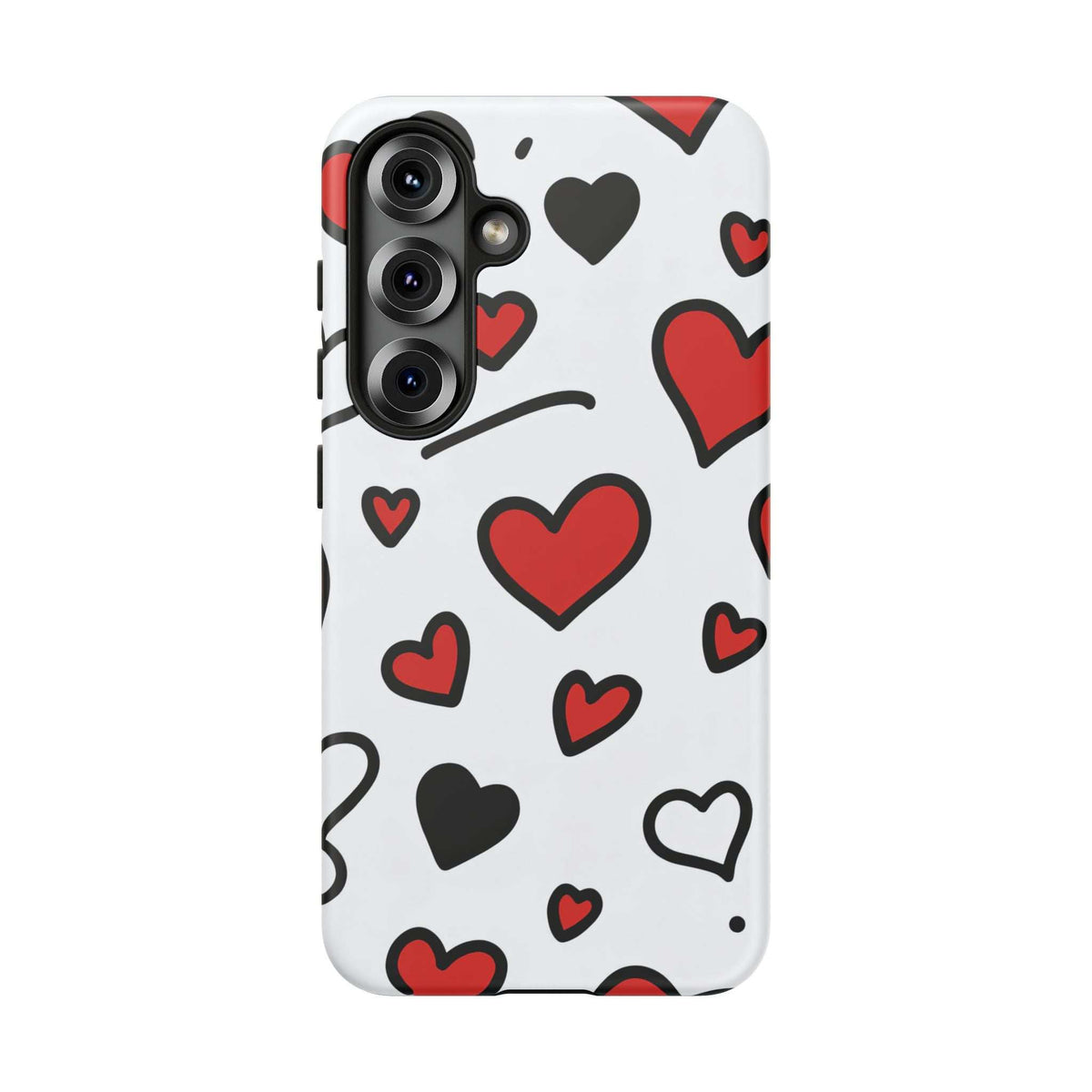 White phone case with red, black, and outline hearts; camera area on top left