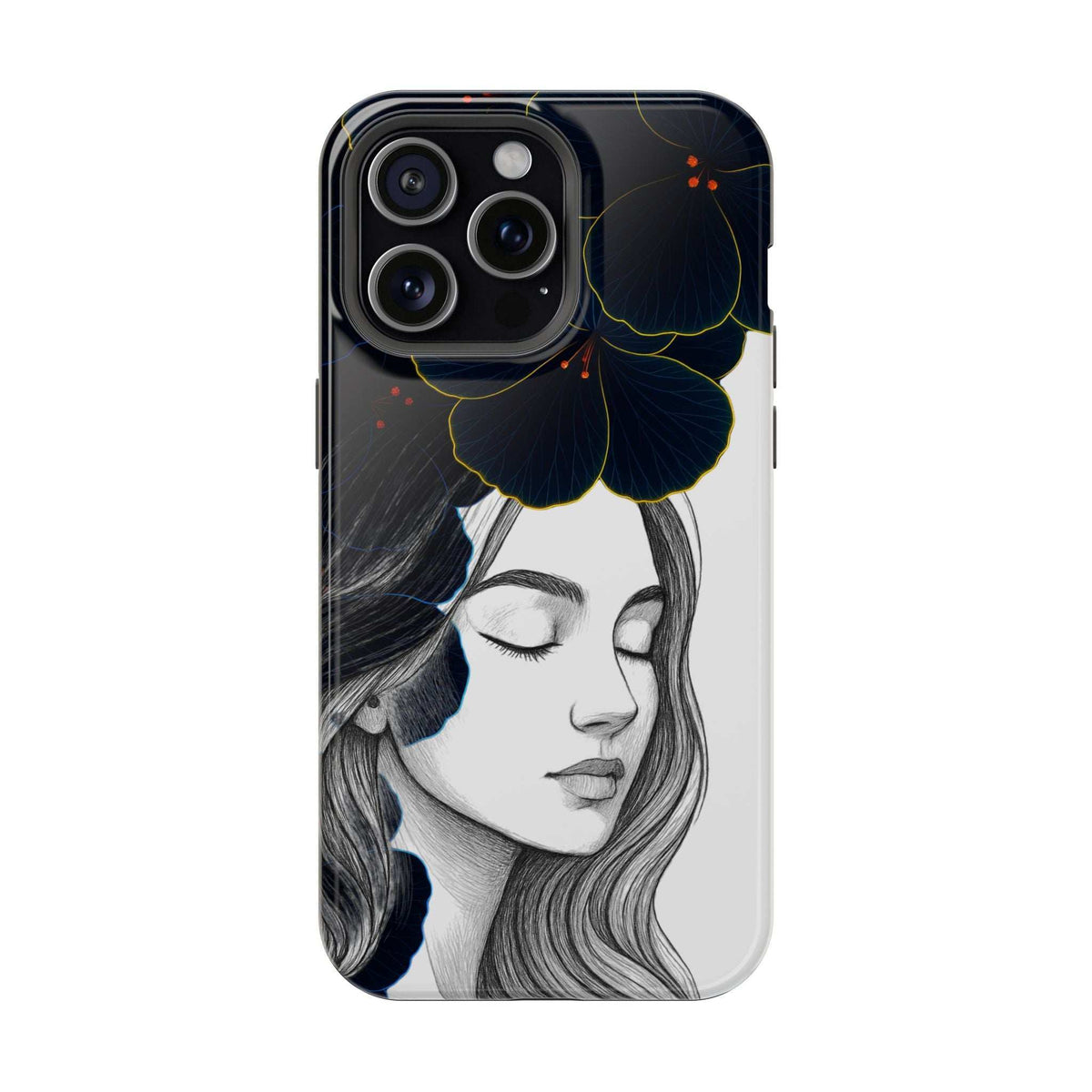 Dark floral phone case with woman portrait artwork and blue blossoms over the back