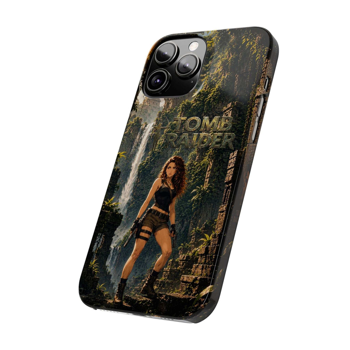 Phone case for iPhone 11–17 angled view with jungle adventurer graphic on back