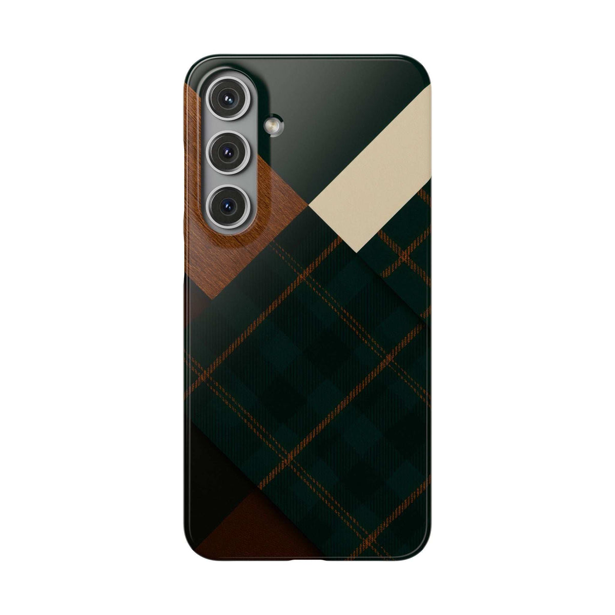 Green plaid phone case with tan diagonal stripe and brown patch, cutouts for rear cameras