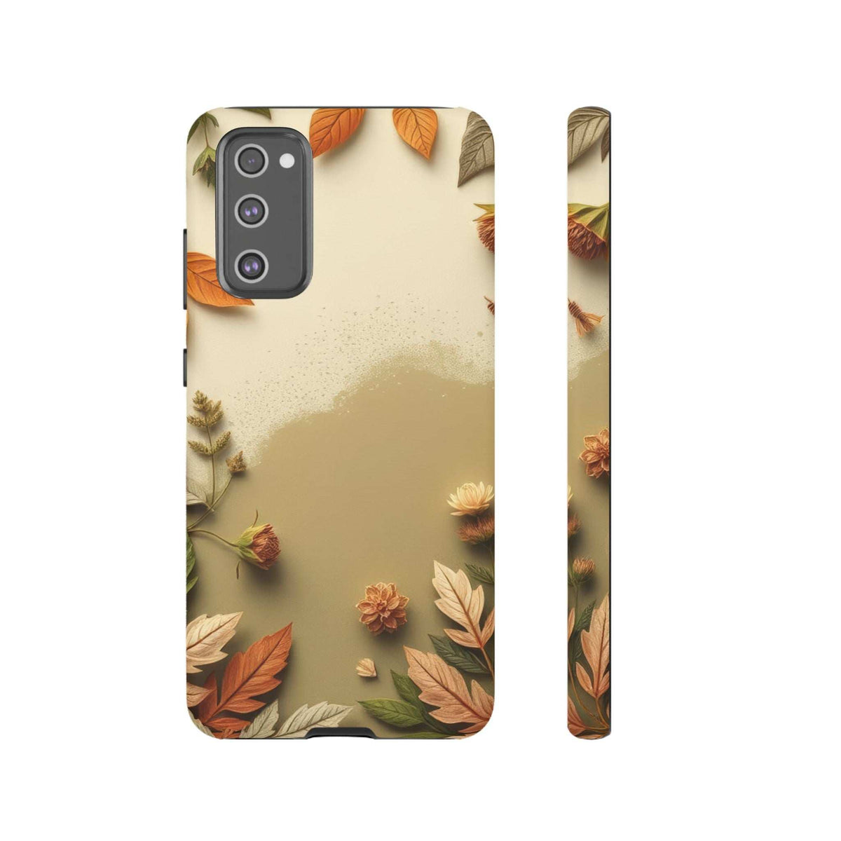 Phone case with fall leaves design and slim side profile, with rear camera cutout