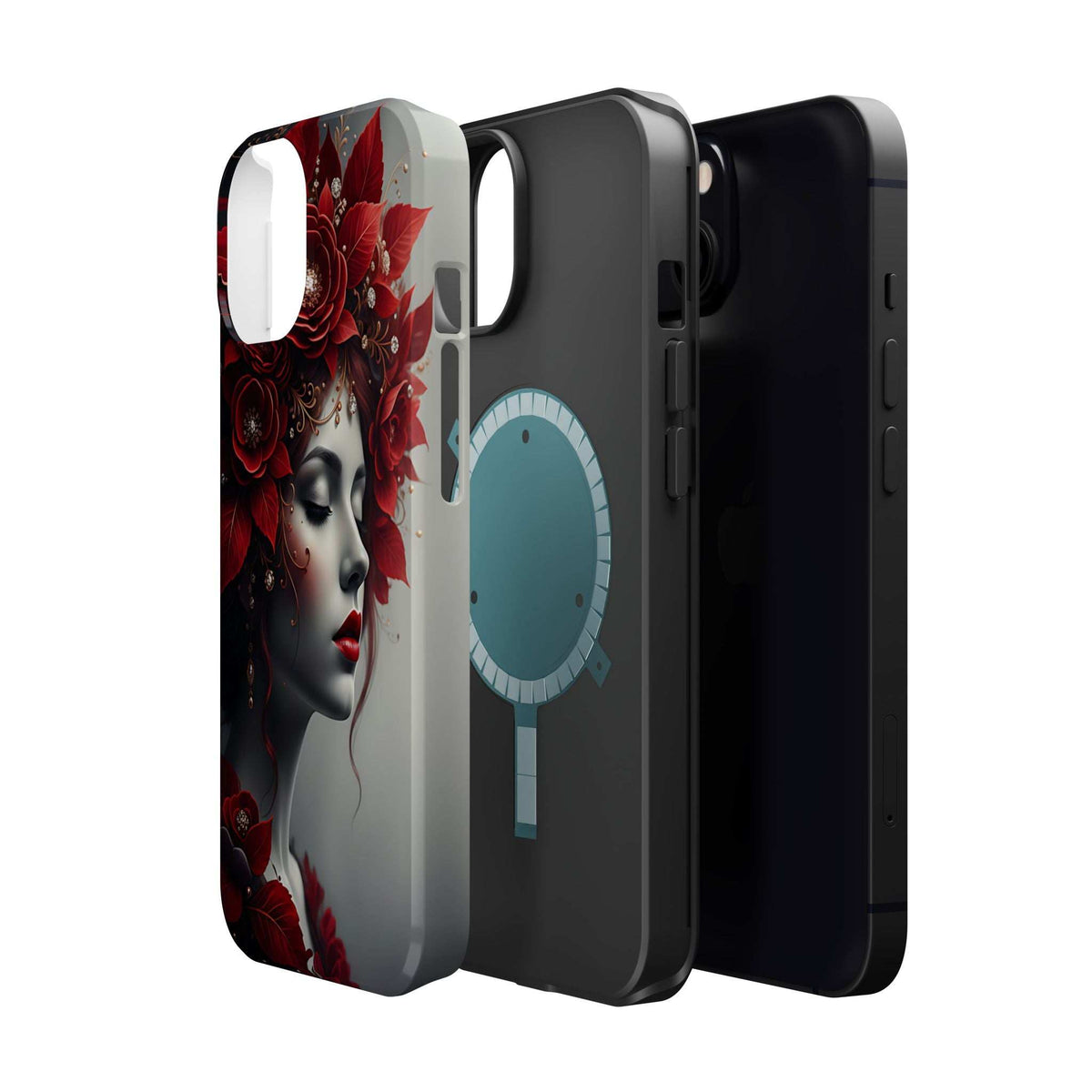 Phone case featuring red blooms and woman's face portrait, camera opening and flash area
