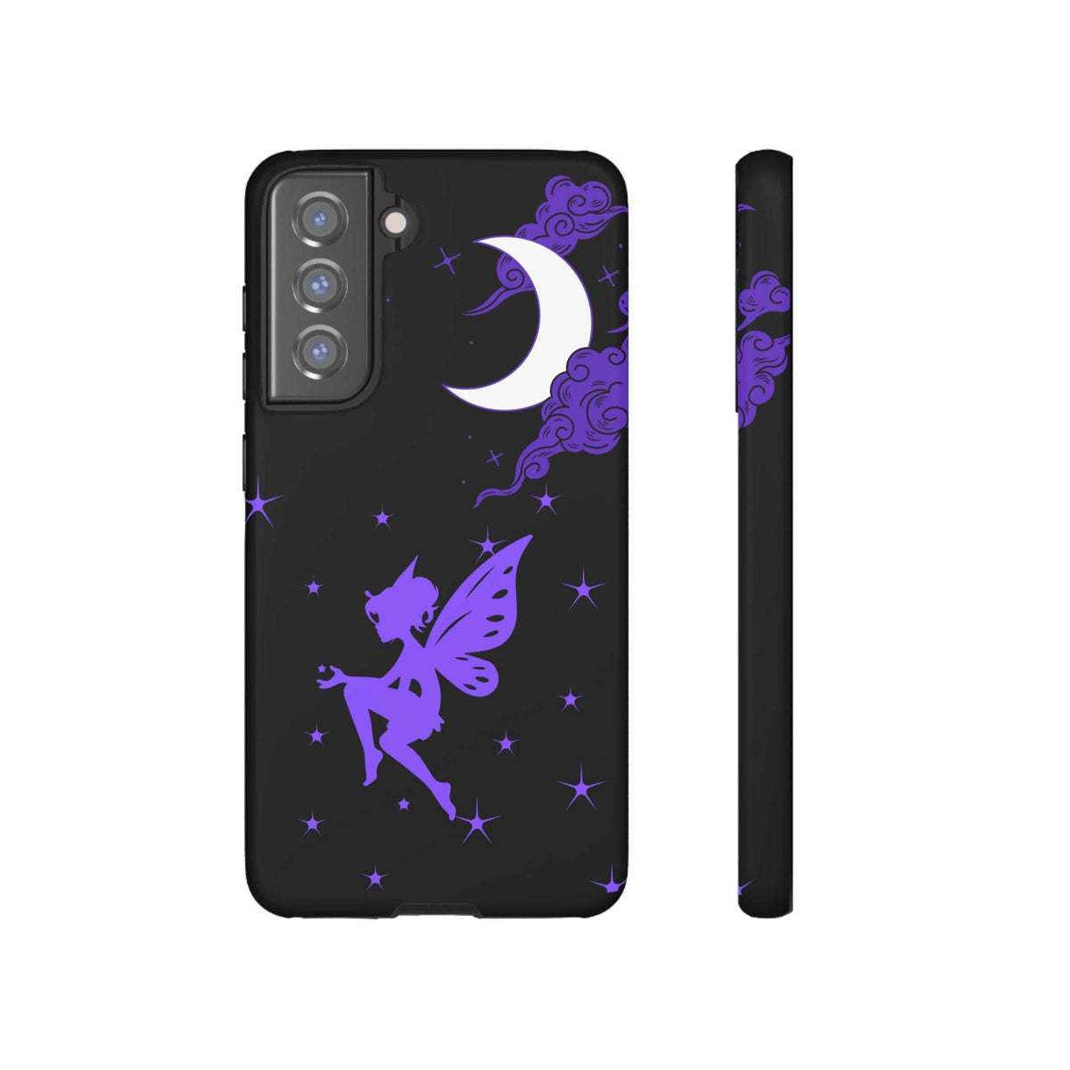 Black phone case with purple fairy and crescent moon; rear camera openings and flash