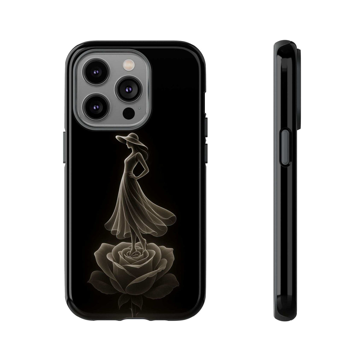 Black glossy phone case with gold ballerina and rose design; side button cutouts visible
