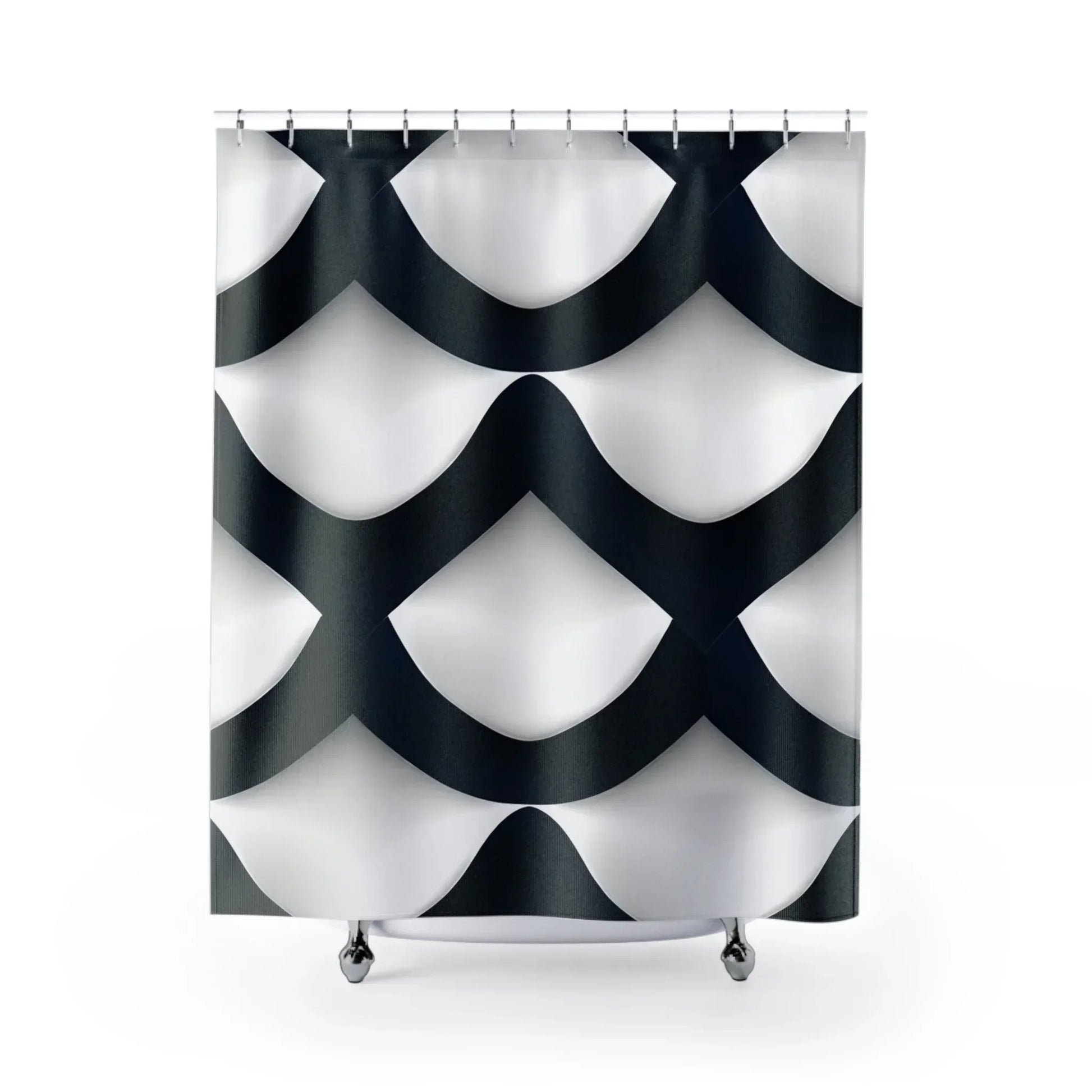 Modern Navy Blue & White Shower Curtain with Geometric Wave Pattern - KarArmDesign