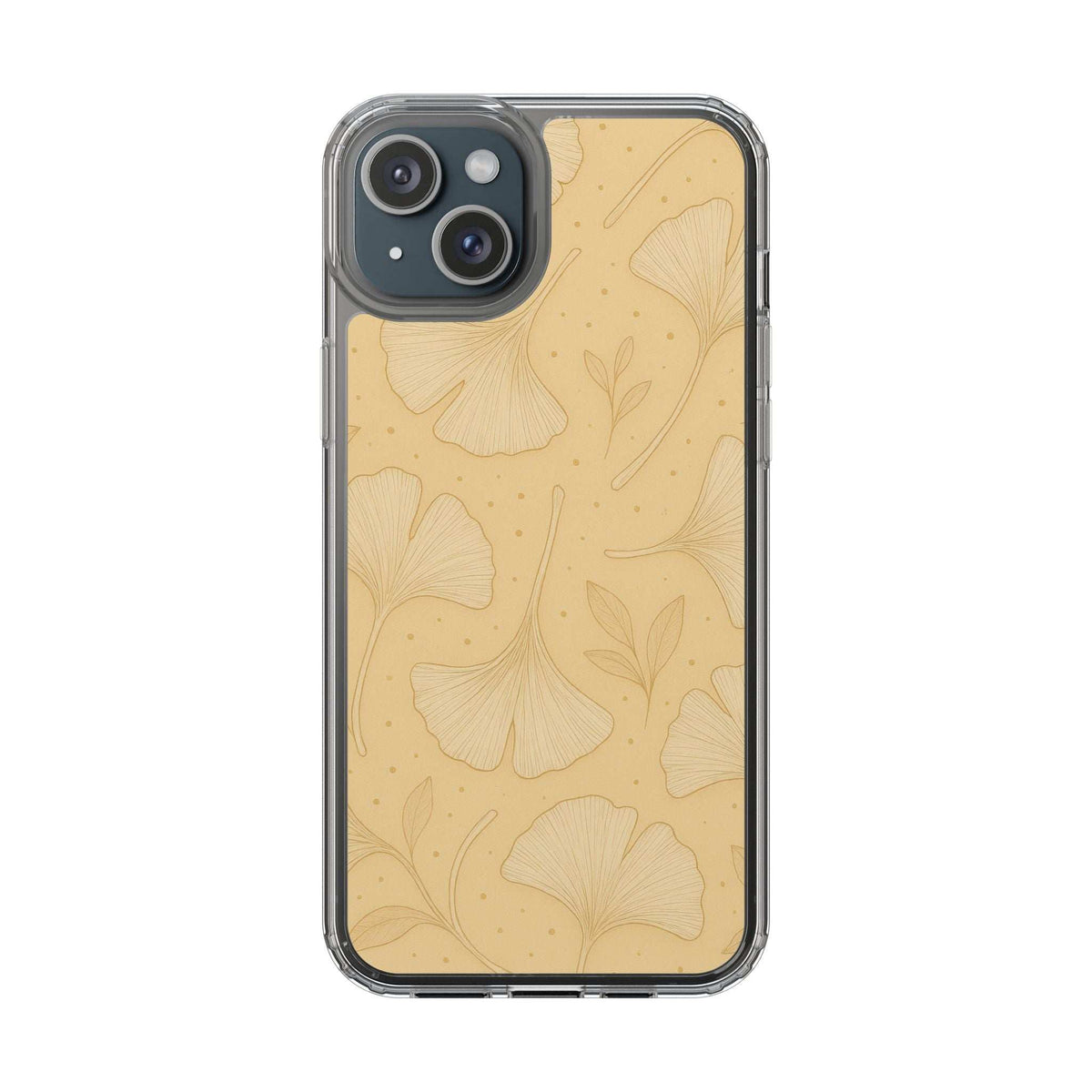 Phone case with tan ginkgo floral pattern and clear border; front view with dual camera cutouts.