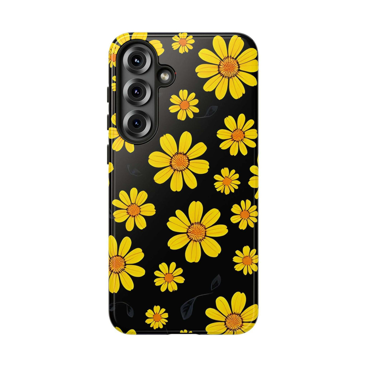 Black phone case with bright yellow daisies and multiple camera lens cutouts on back