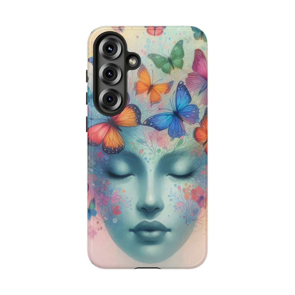Butterfly floral face phone case with colorful butterflies, face artwork, and triple lens cutout