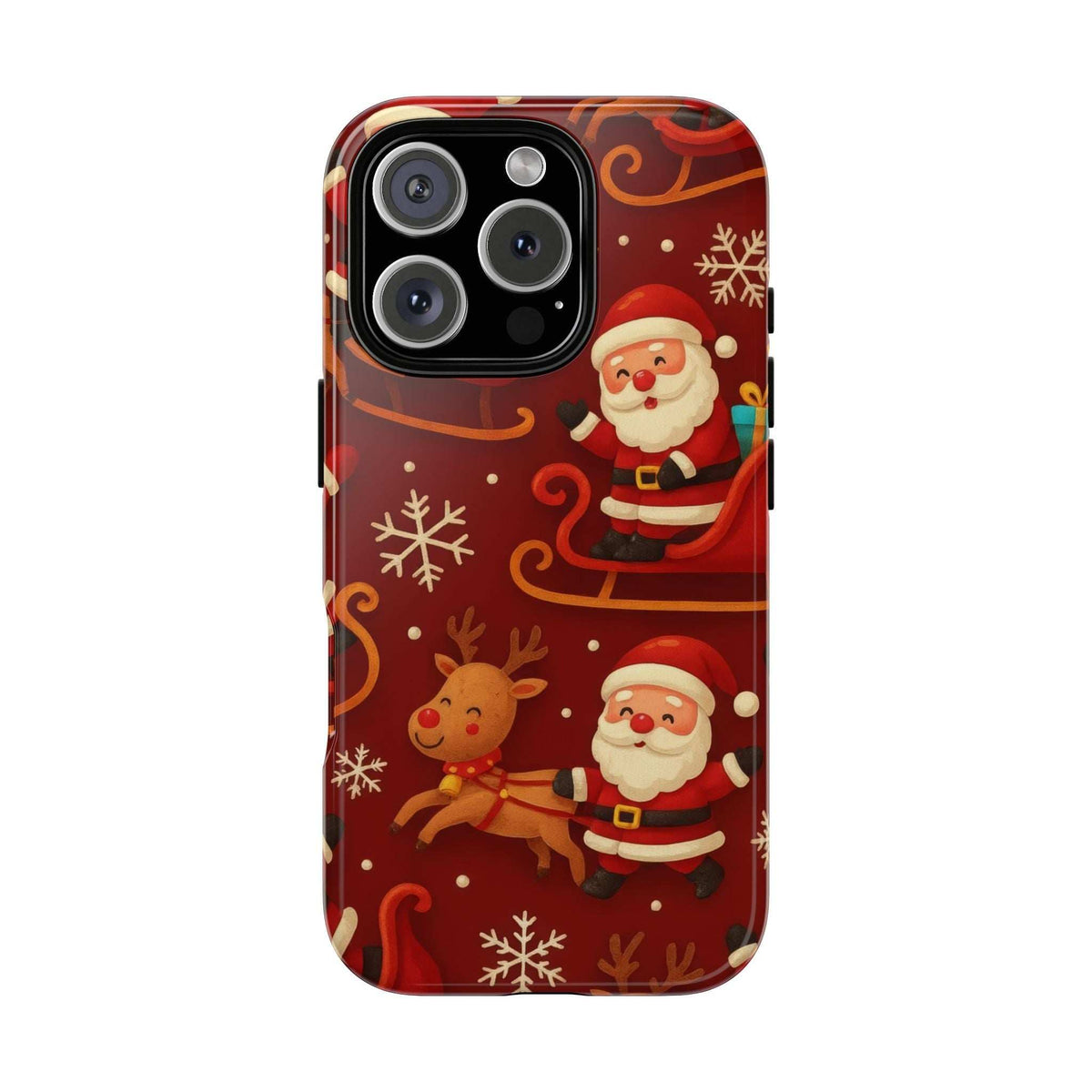 Glossy Santa and reindeer sleigh pattern phone case, raised triple camera cutouts