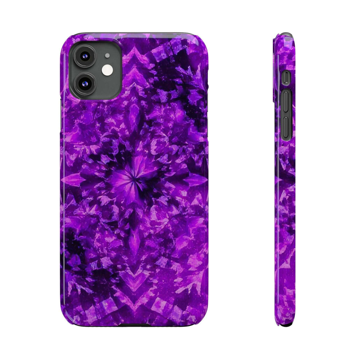 Purple kaleidoscope phone case front with starburst floral pattern; includes side view