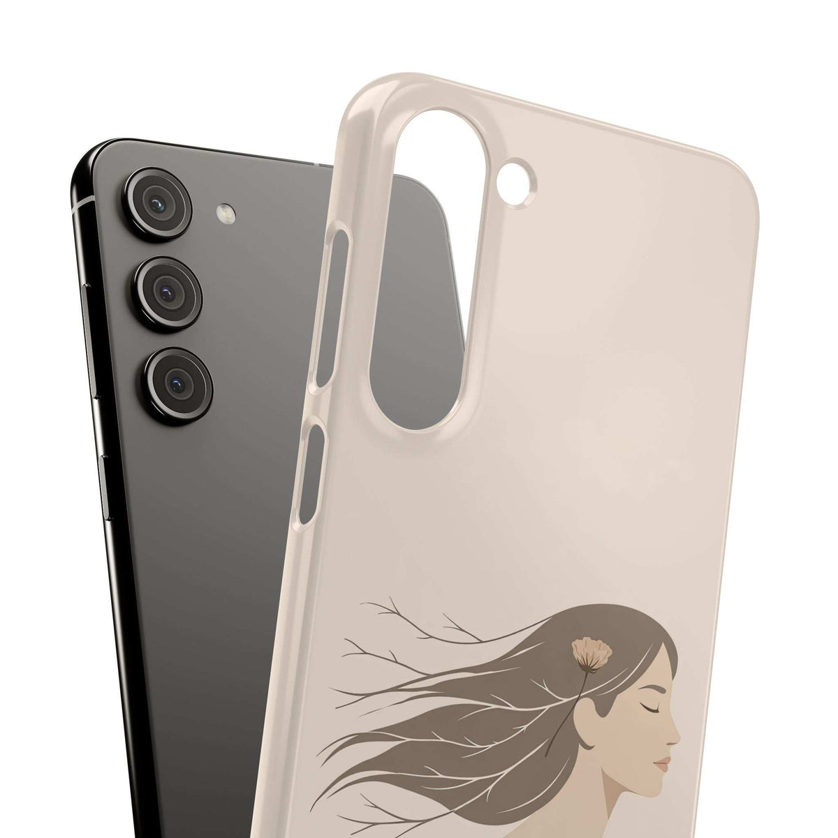 Cream phone case with raised camera rings, line-art woman and flower design