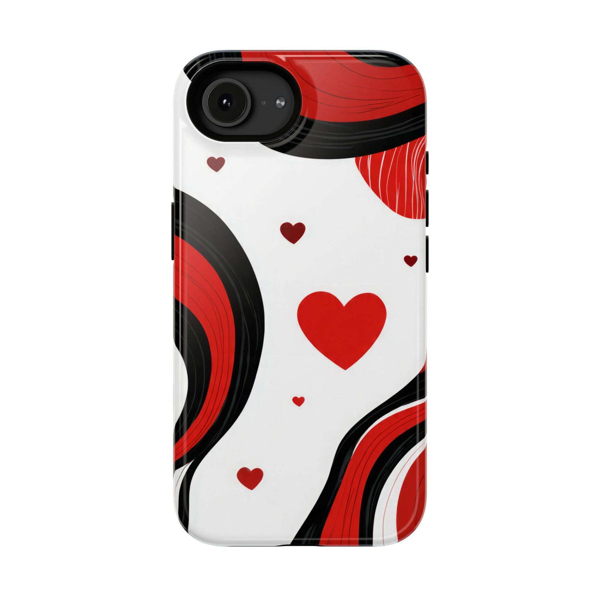 Glossy phone case with red hearts and red-black curves on a white background