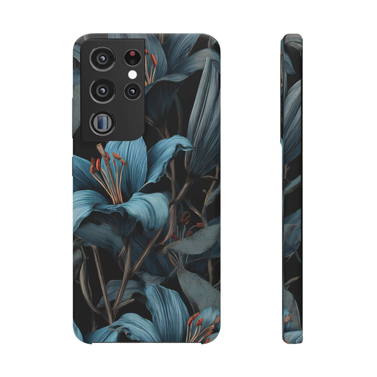 Floral phone case with blue botanical print, triple camera and flash cutout