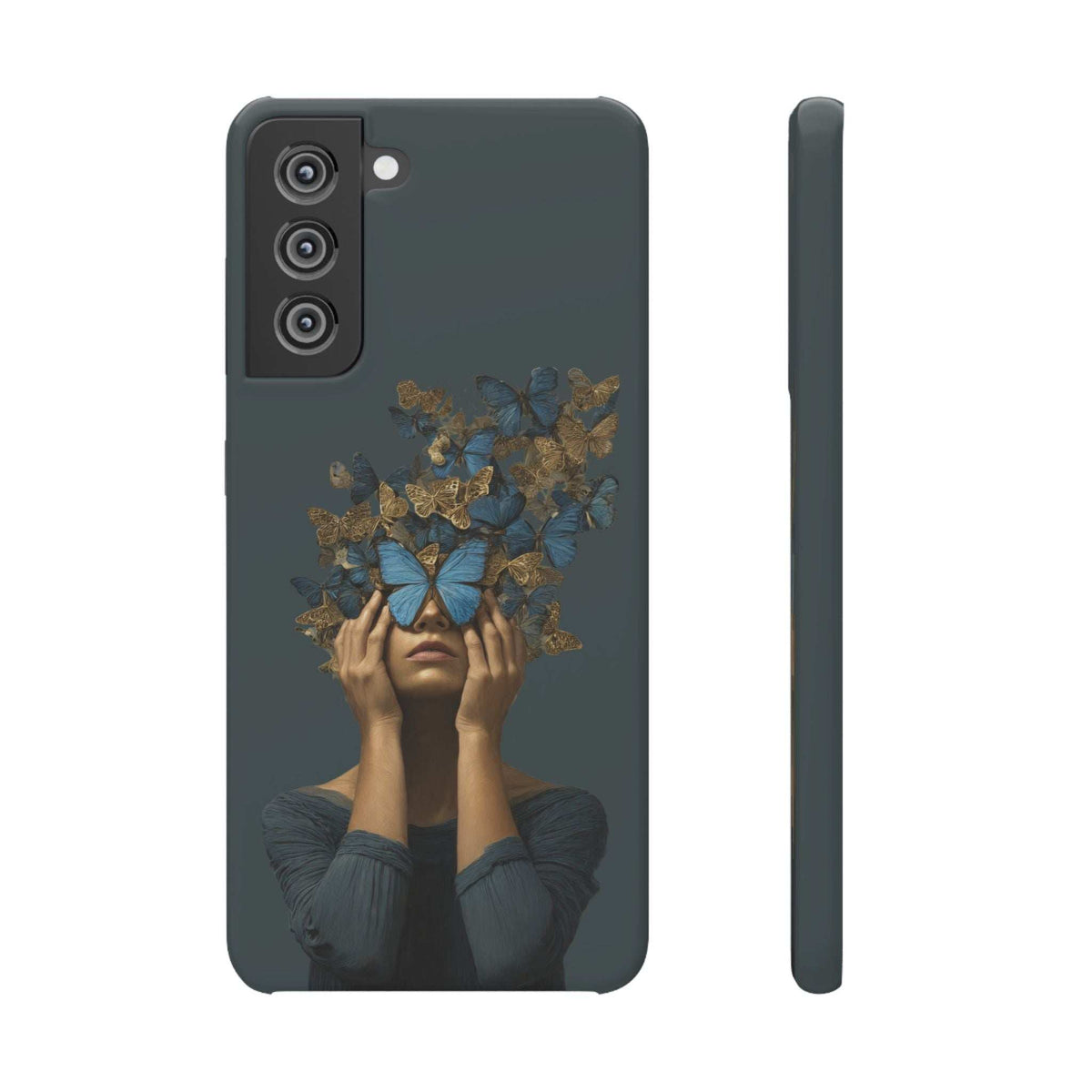 Dark gray phone case front back; butterfly woman artwork with vertical camera module.