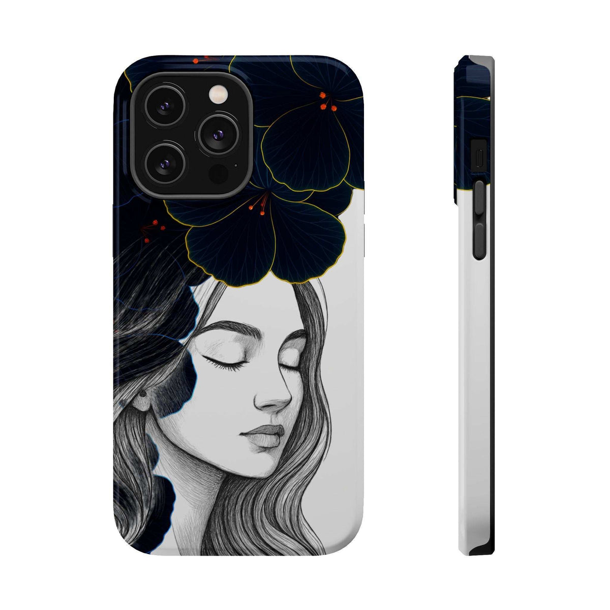 Phone case front and side profile, woman portrait with blue blossoms and button/port cutouts