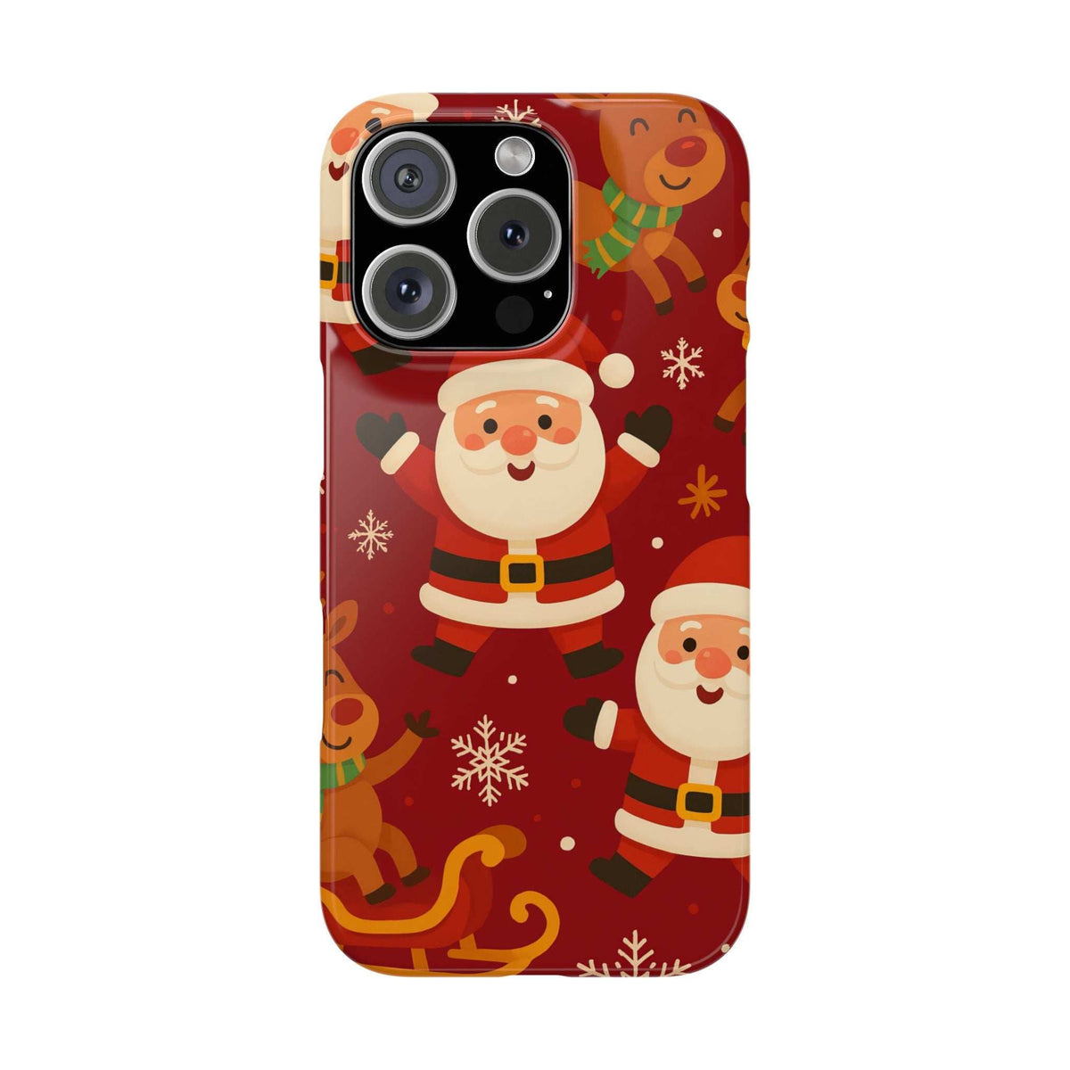 Red festive phone case featuring Santa and gingerbread icons; three-lens camera opening