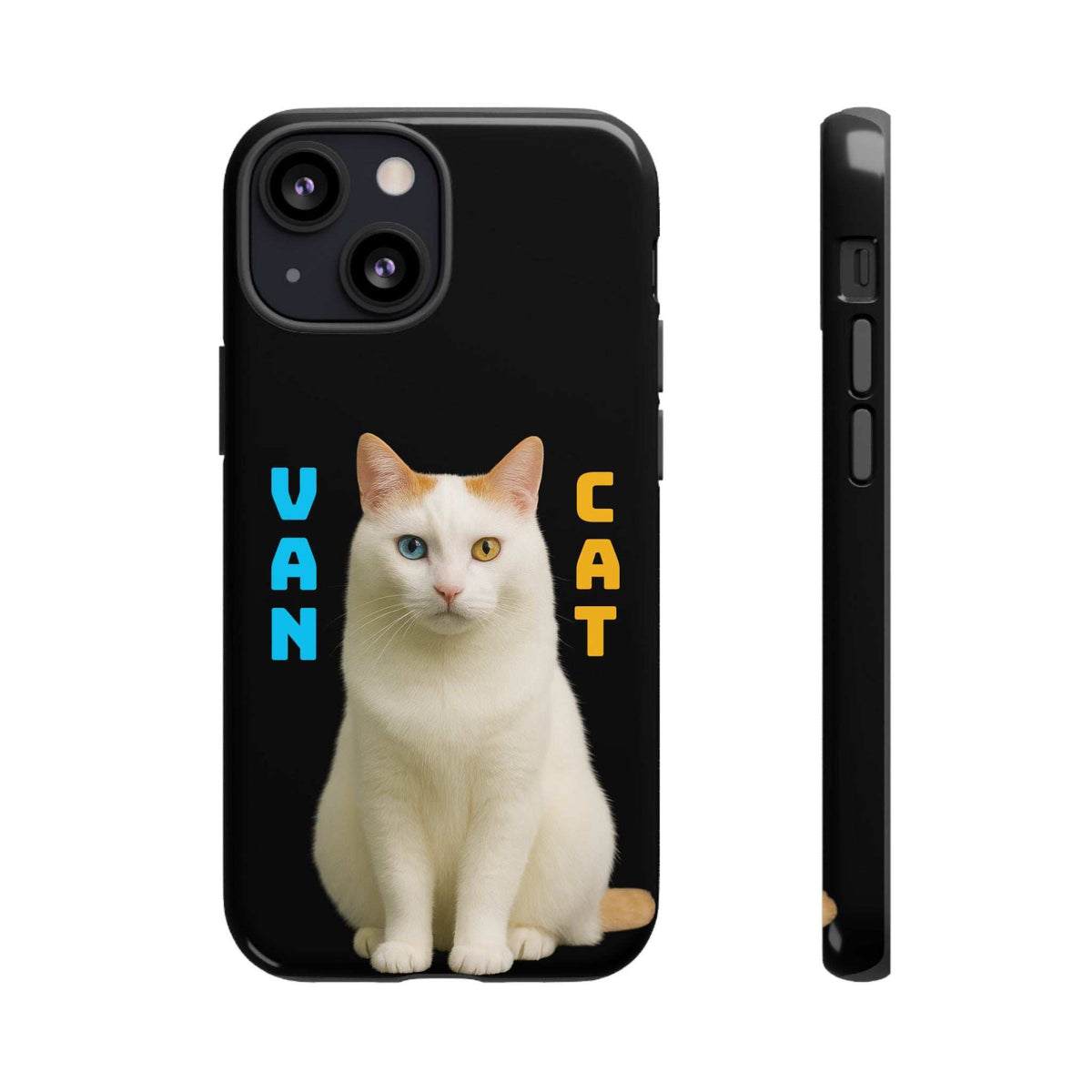 Glossy black phone case with white cat print on back and slim side view