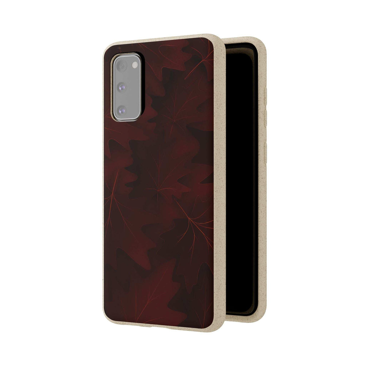 Phone case with burgundy leaf pattern and beige trim, camera and button cutouts