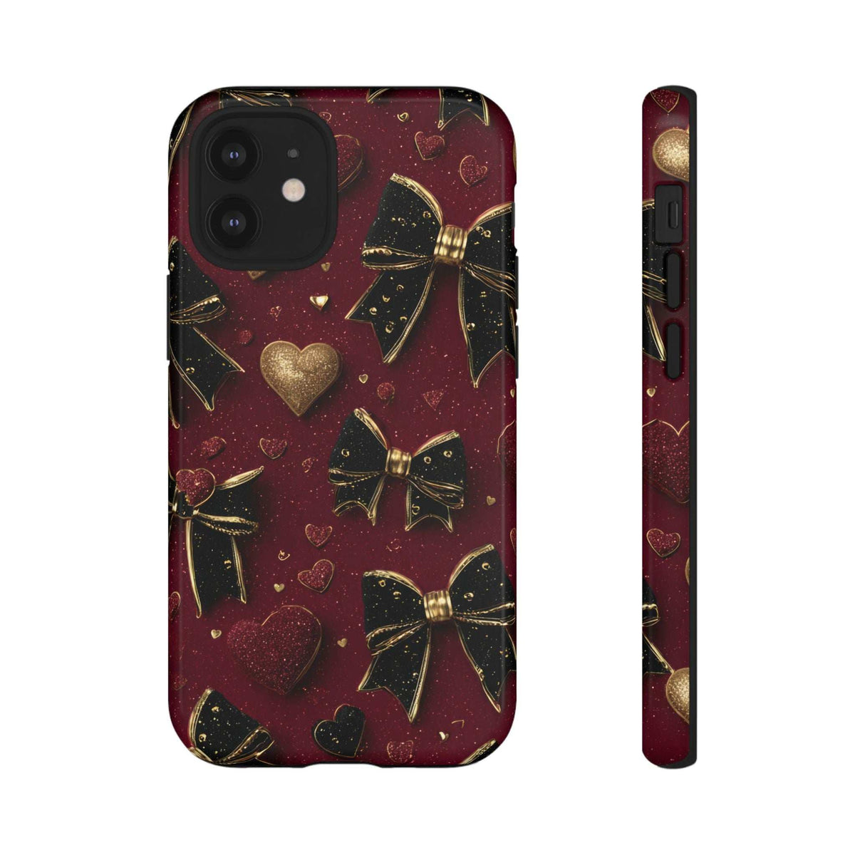Maroon glossy Valentine phone case with gold hearts and bows, front view and side profile.