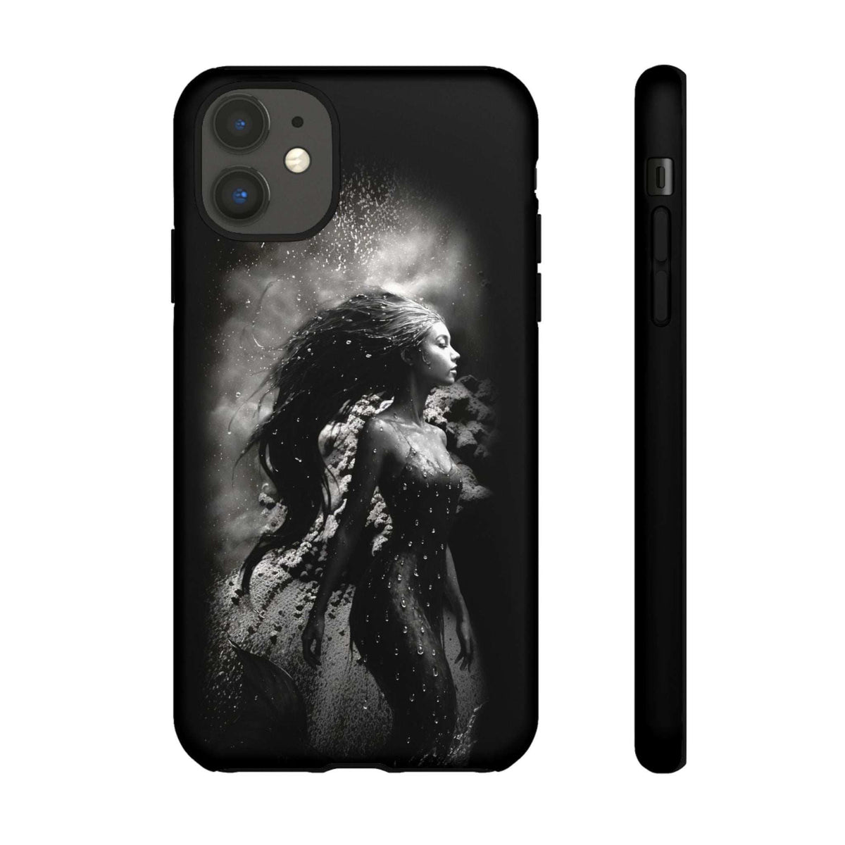 Black phone case featuring a monochrome mermaid portrait on the back